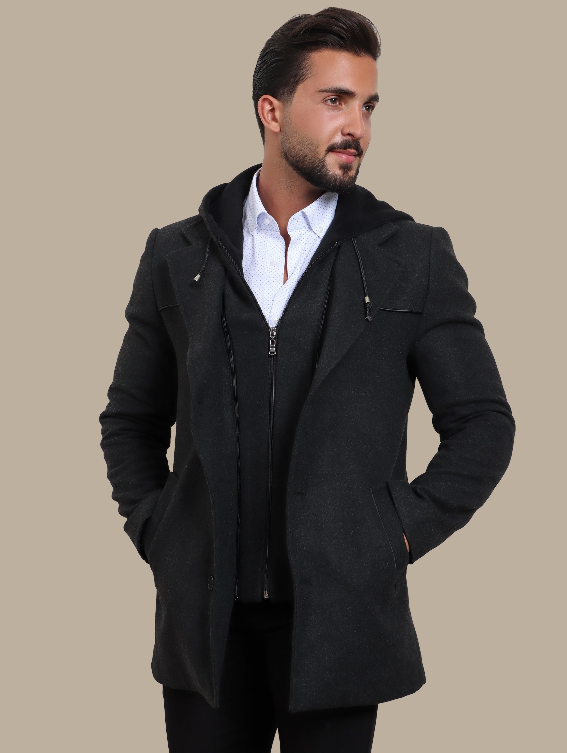 Dark Grey Coat with Detachable Hoodie