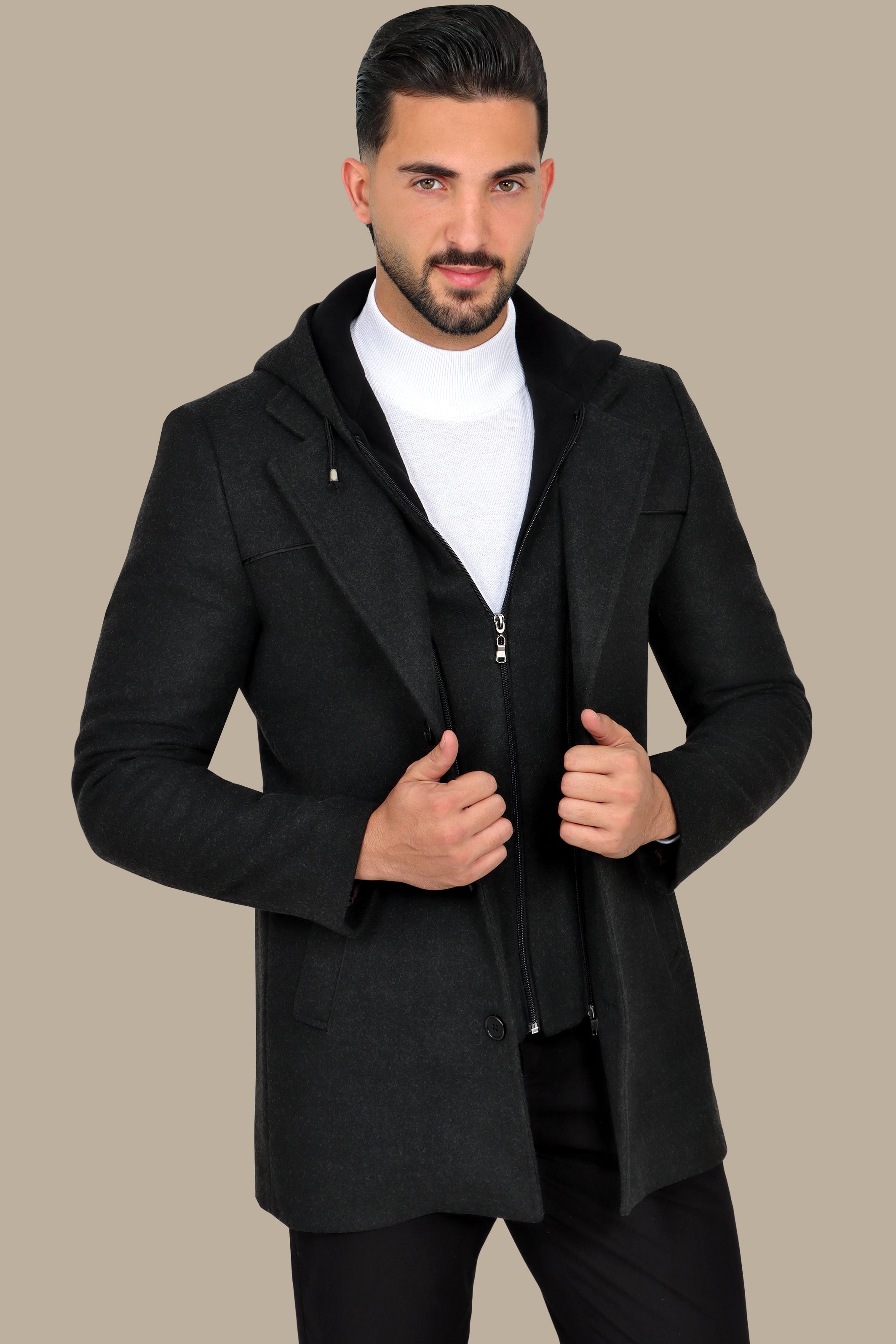 Dark Grey Coat with Detachable Hoodie