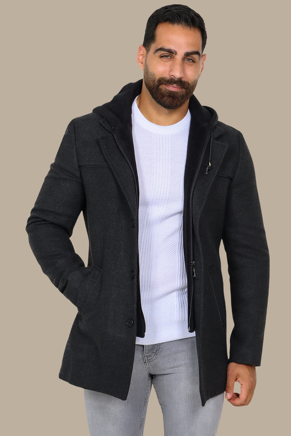 Dark Grey Coat with Detachable Hoodie