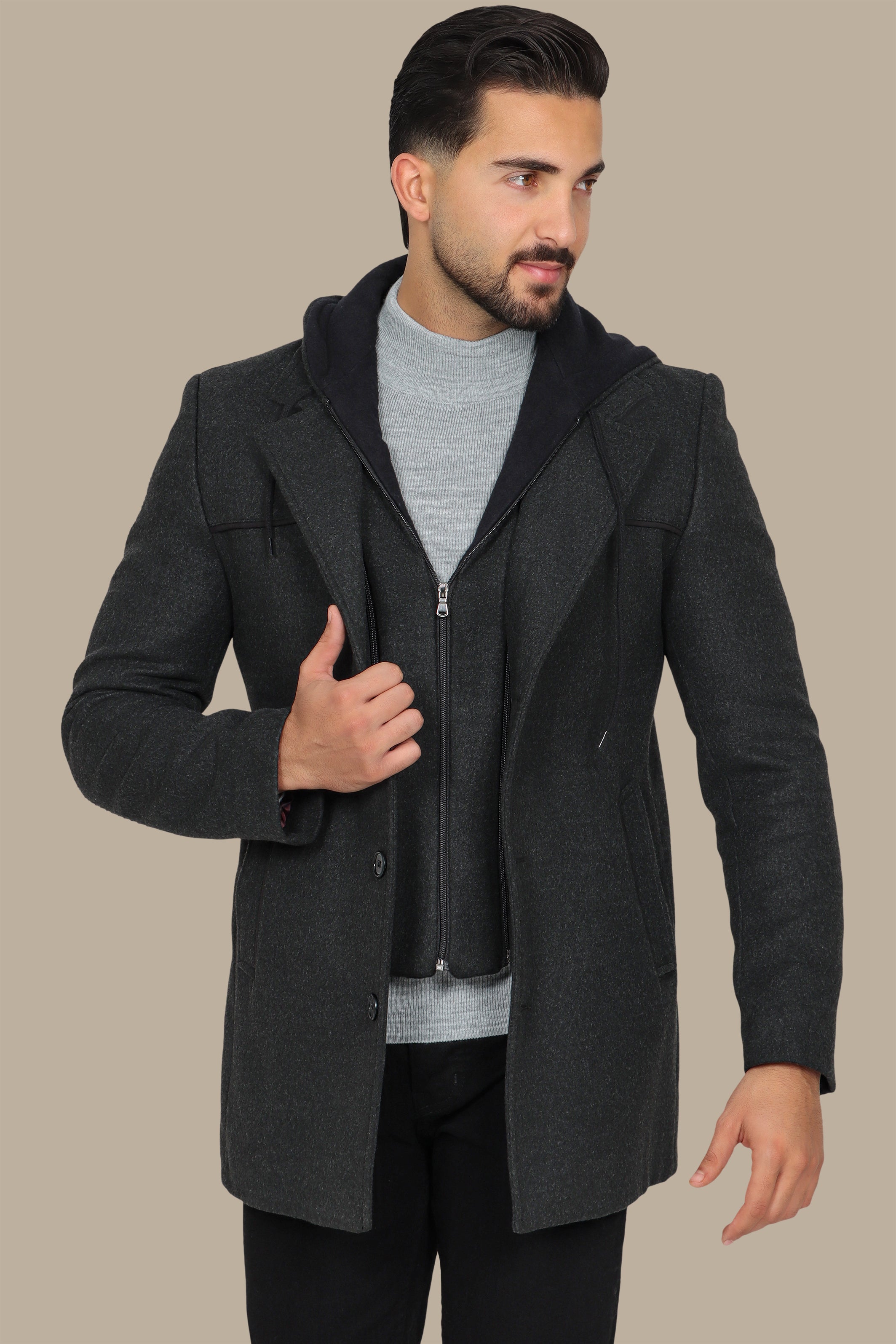 Dark Grey Coat with Detachable Hoodie