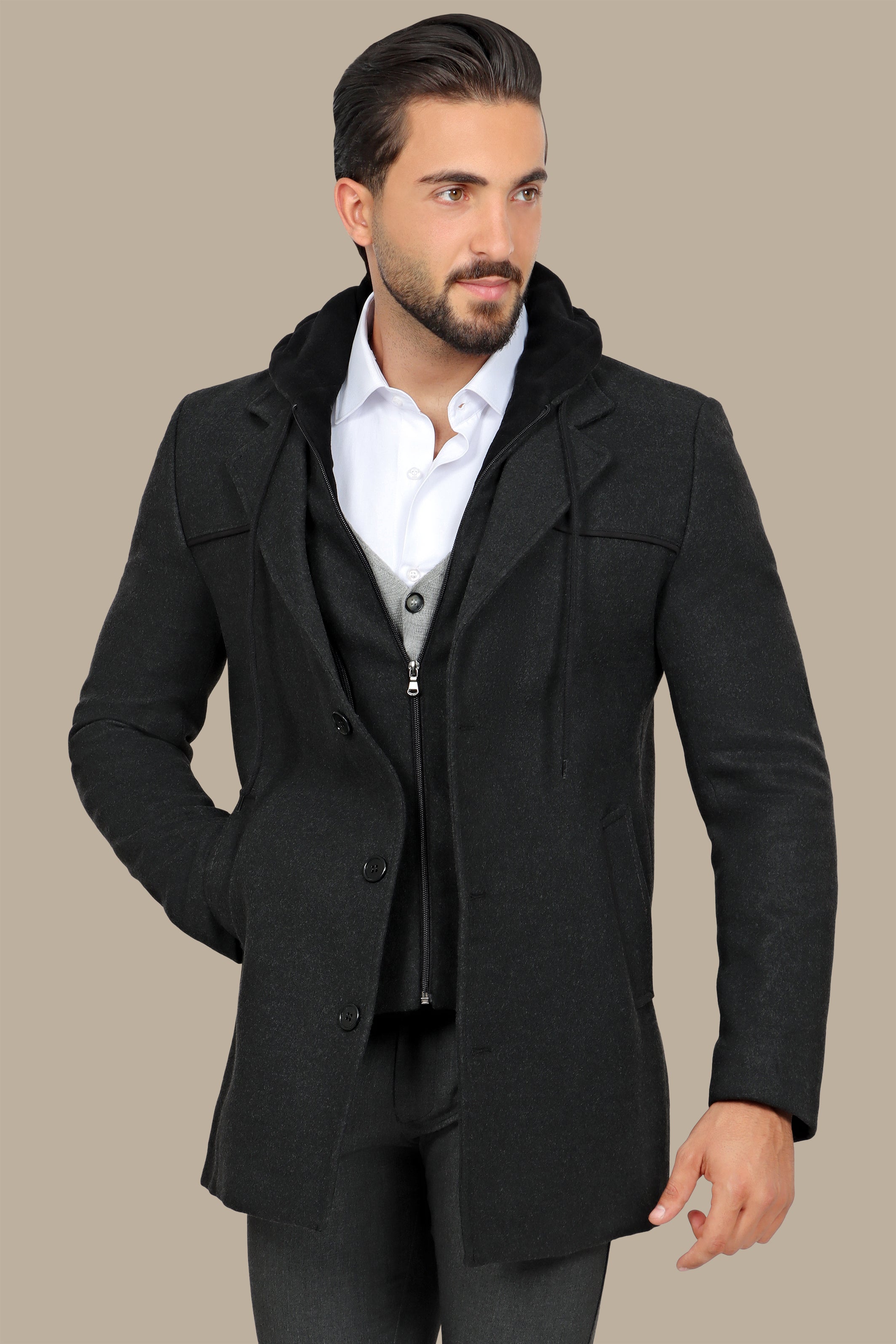 Dark Grey Coat with Detachable Hoodie