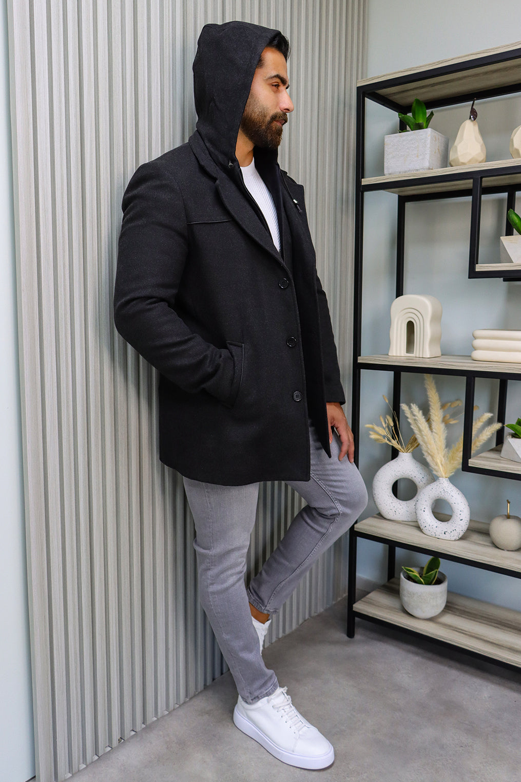 Dark Grey Coat with Detachable Hoodie