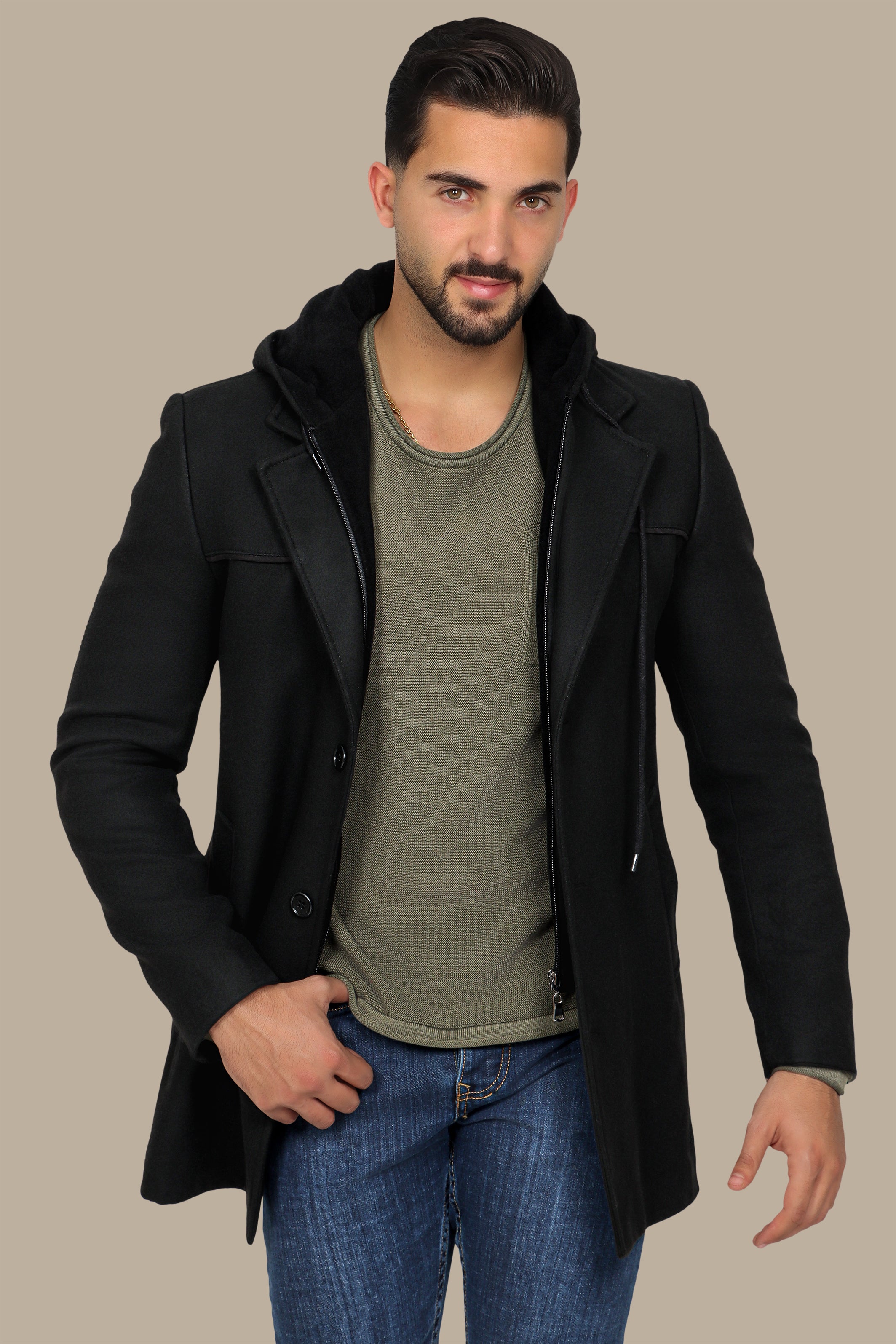 Black Coat Hoodie with Detachable Design