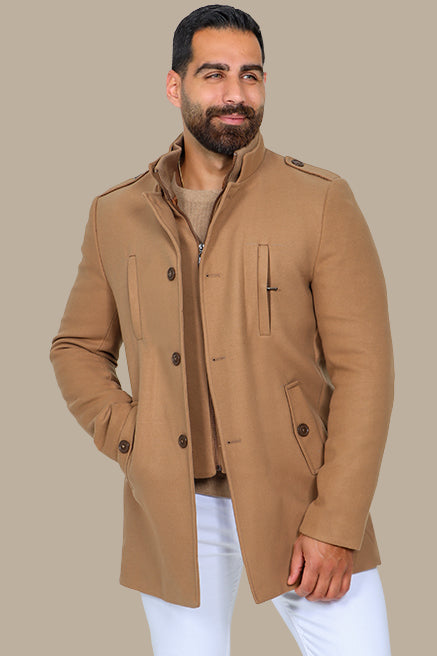 Beige Coat with Detachable Mao Collar