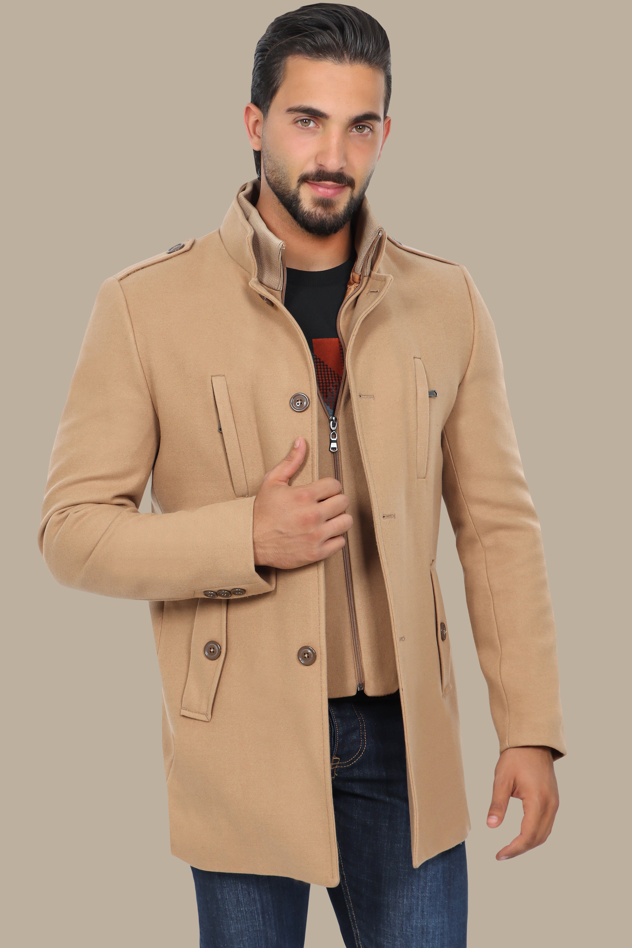 Beige Coat with Detachable Mao Collar