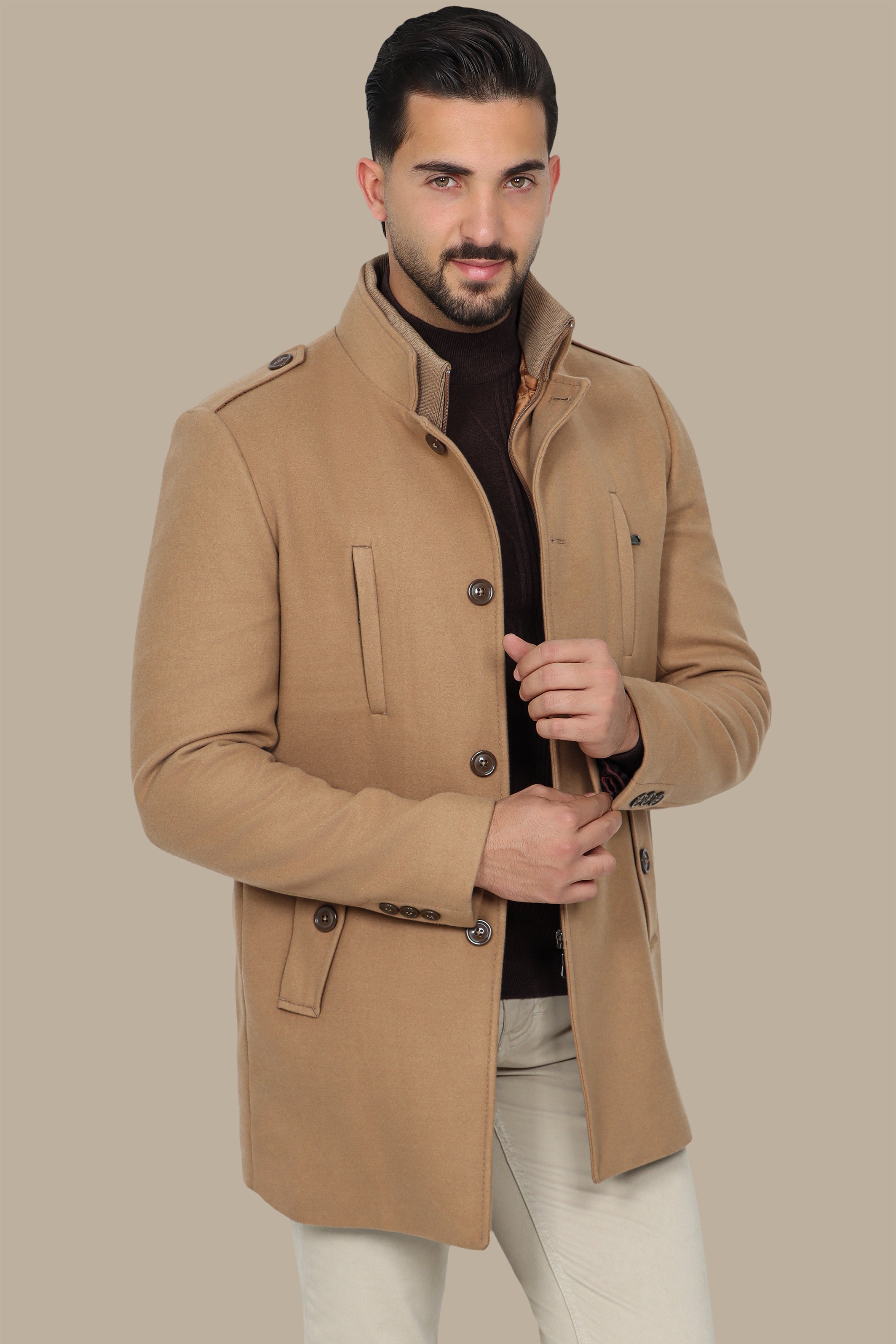 Beige Coat with Detachable Mao Collar