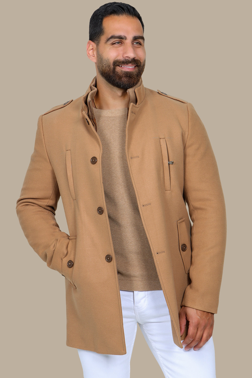 Beige Coat with Detachable Mao Collar