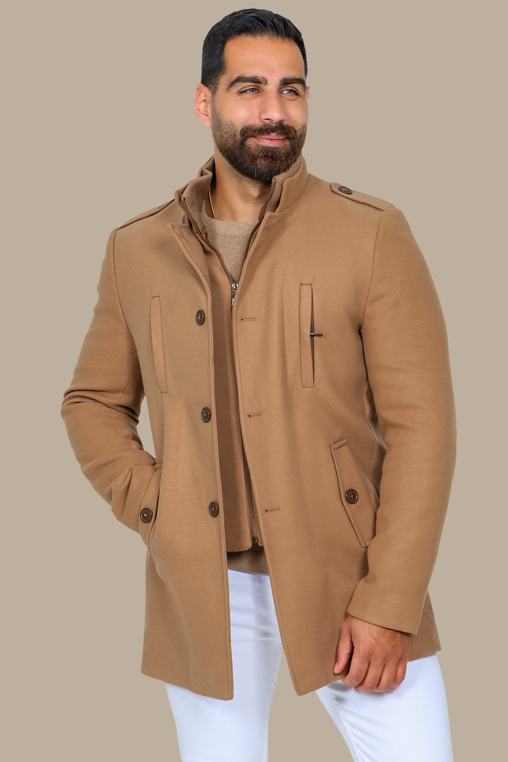 Beige Coat with Detachable Mao Collar