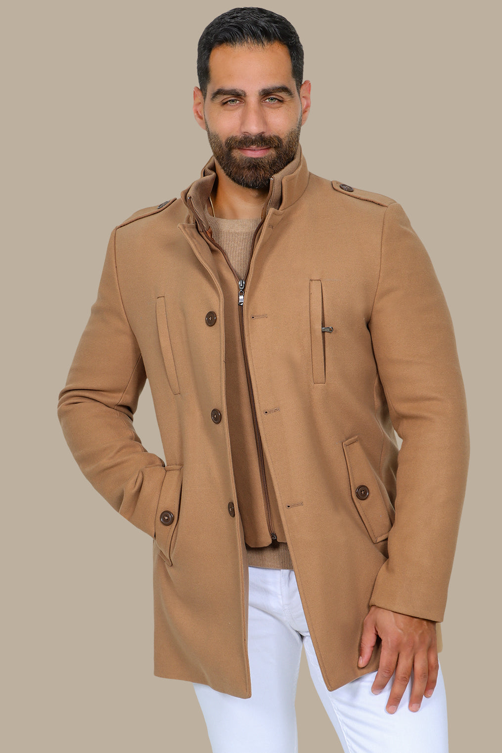 Beige Coat with Detachable Mao Collar