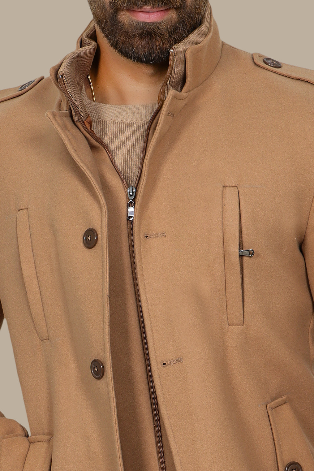 Beige Coat with Detachable Mao Collar