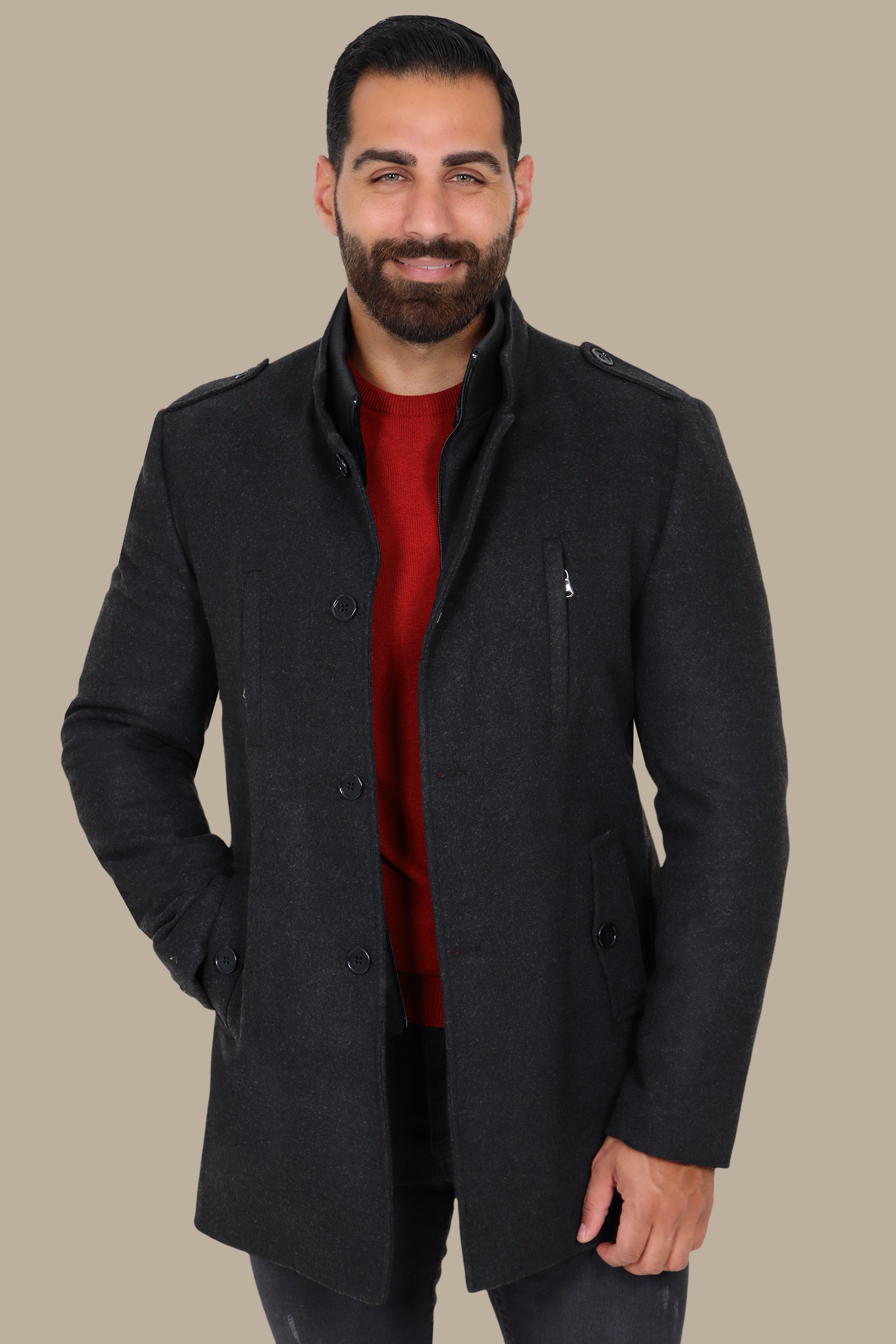 Dark Grey Mao-Collar Coat with Detachable Design