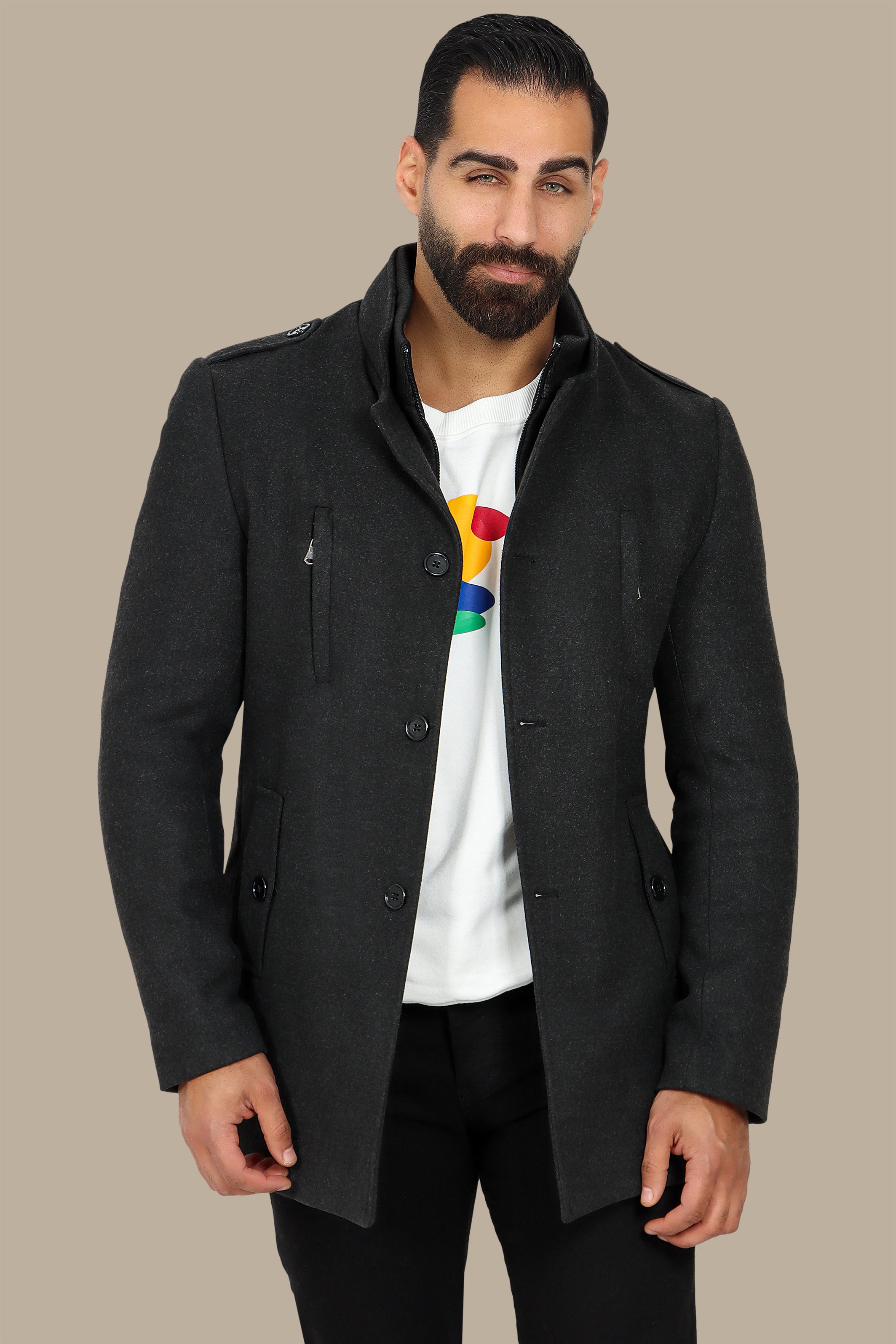 Black Coat with Detachable Mao Collar