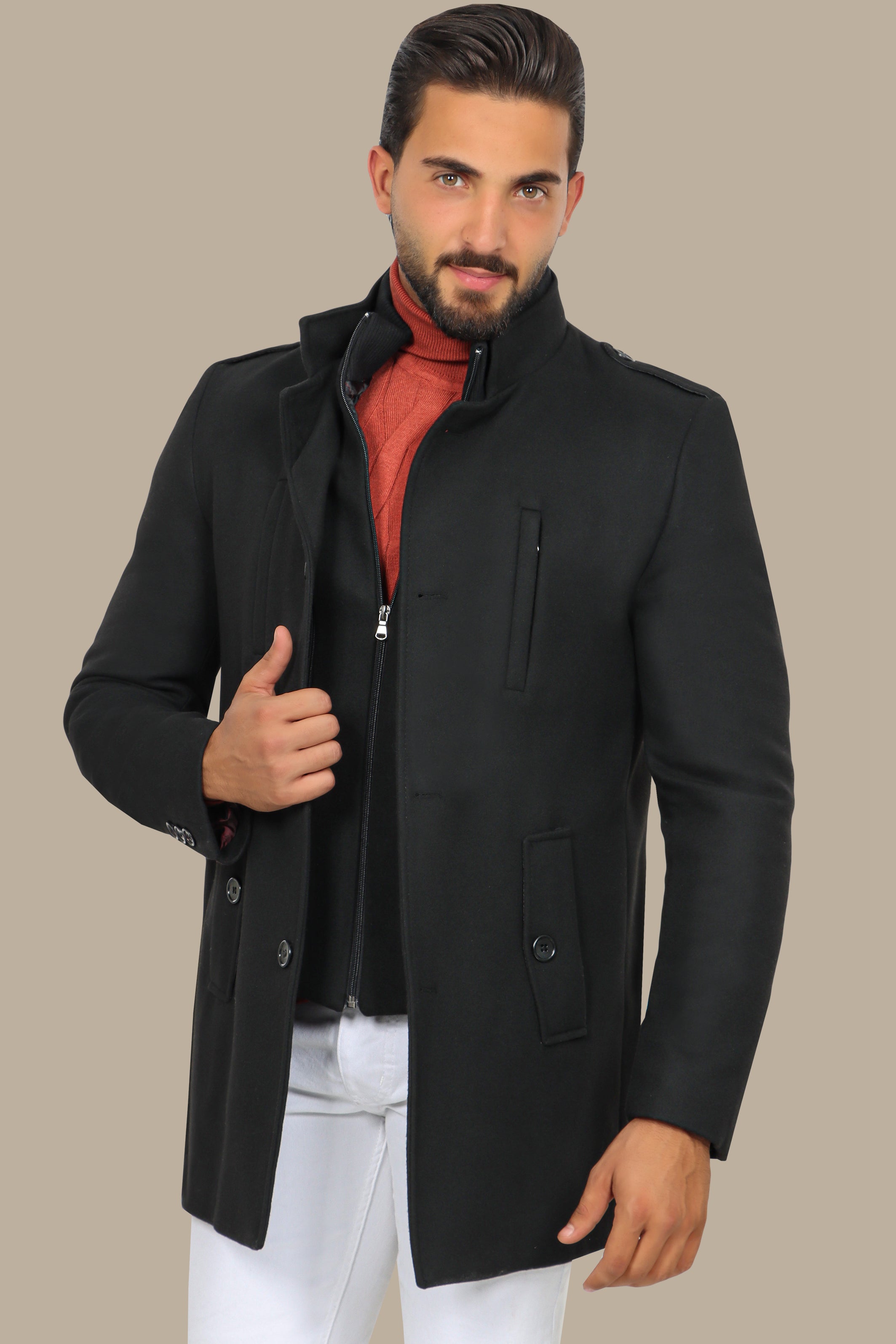 Black Coat with Detachable Mao Collar