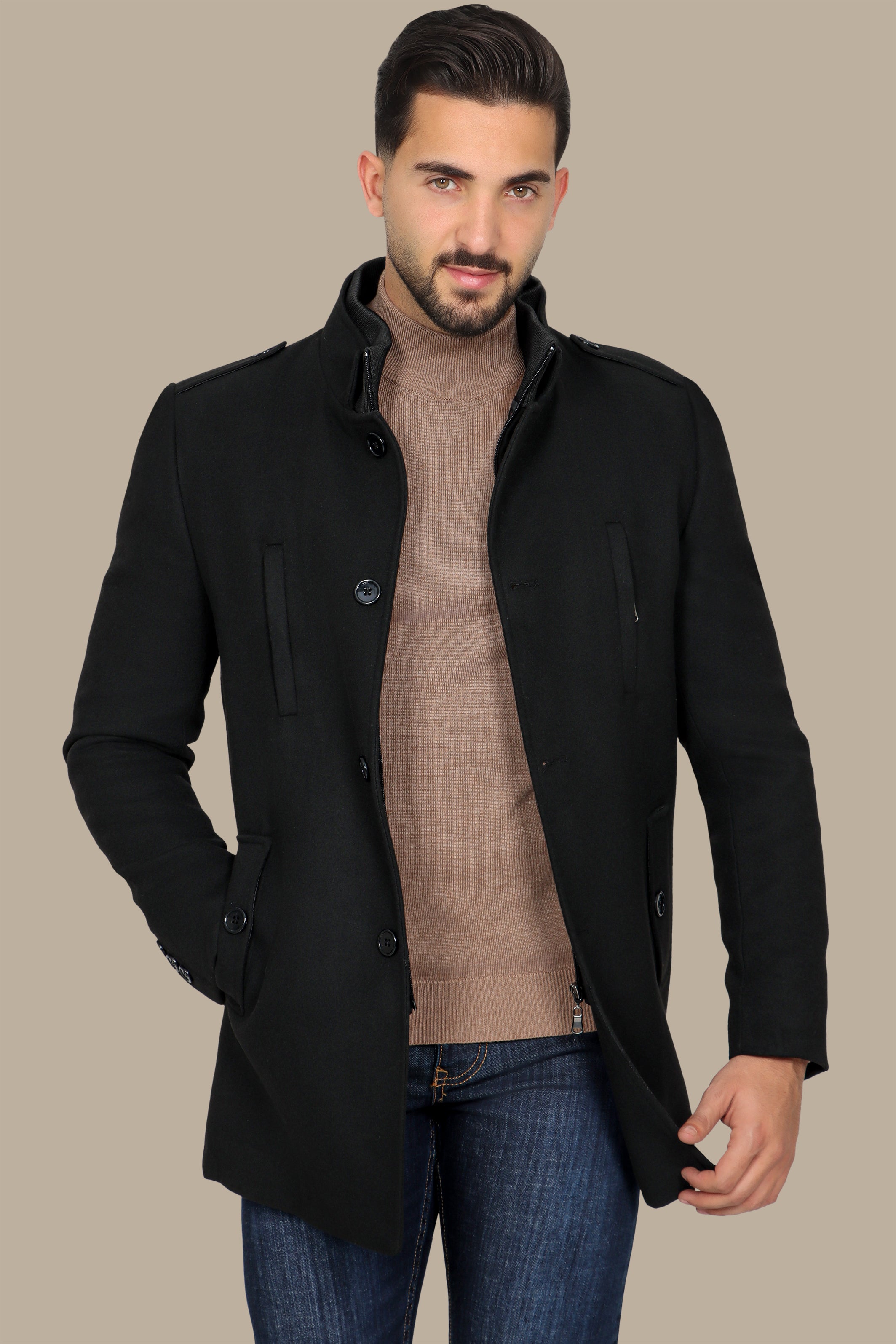 Black Coat with Detachable Mao Collar