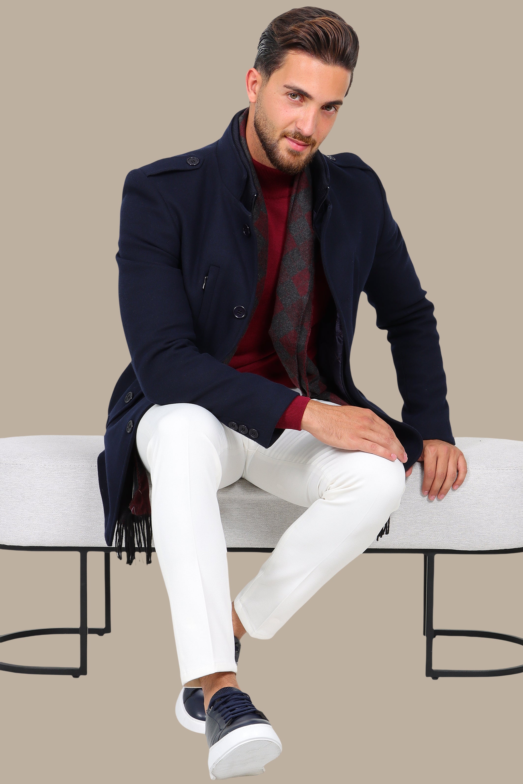 Navy Elegance: Detachable Mao Collar Coat in Timeless Style