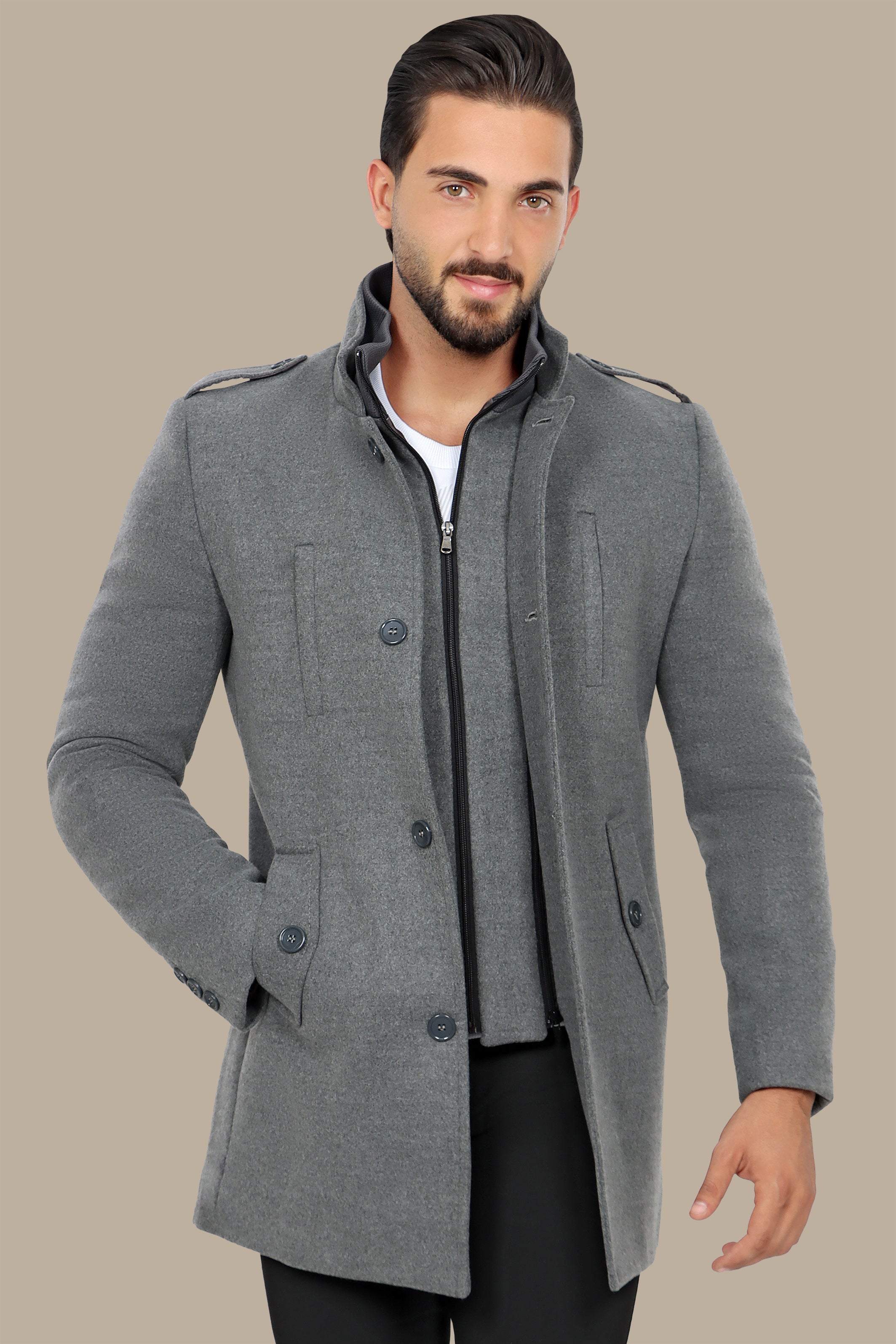 Light Gray Elegance: The Detachable Coat Col Mao in Timeless Style