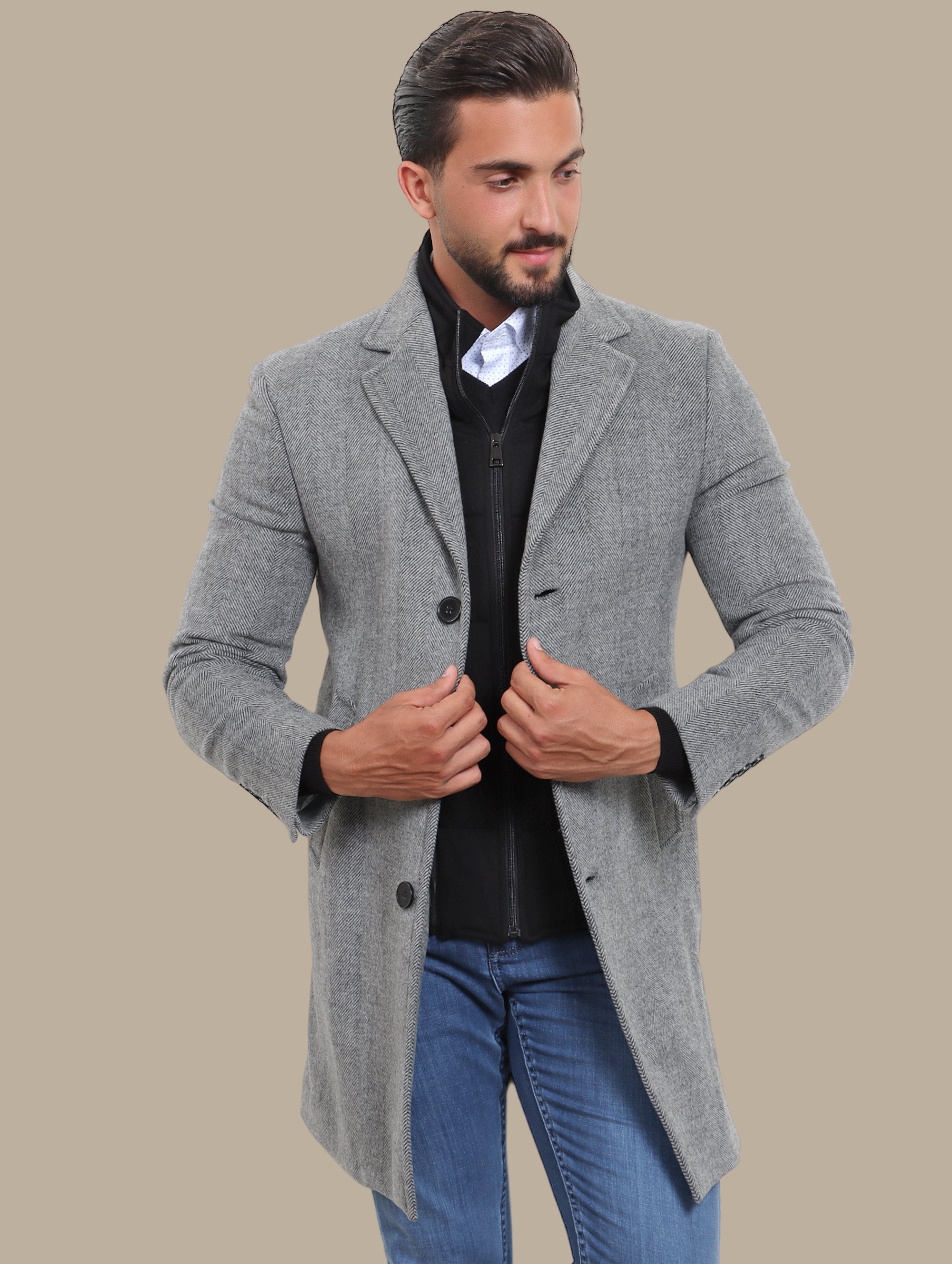 Grey Herringbone Coat with Detachable Collar