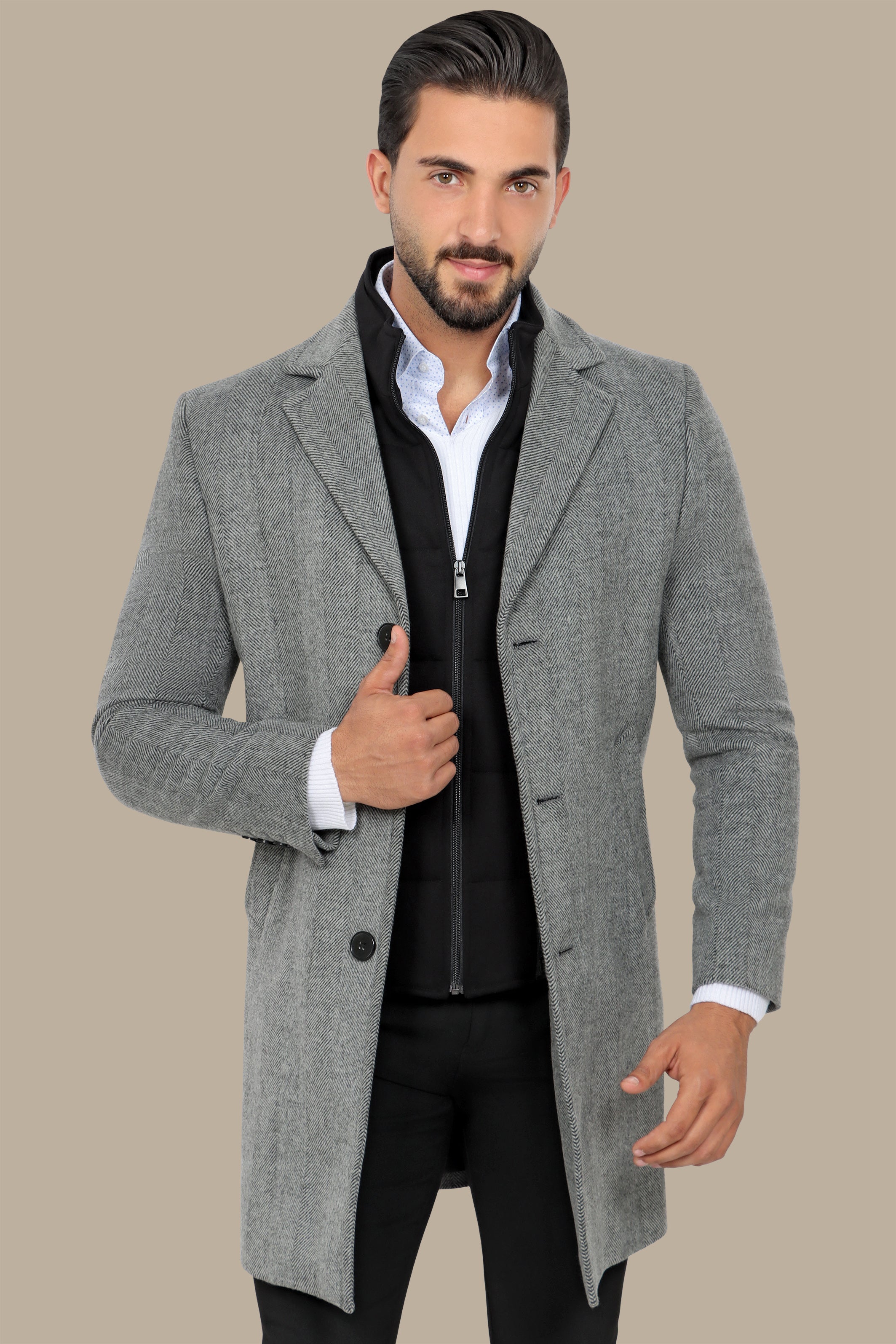 Grey Herringbone Coat with Detachable Collar