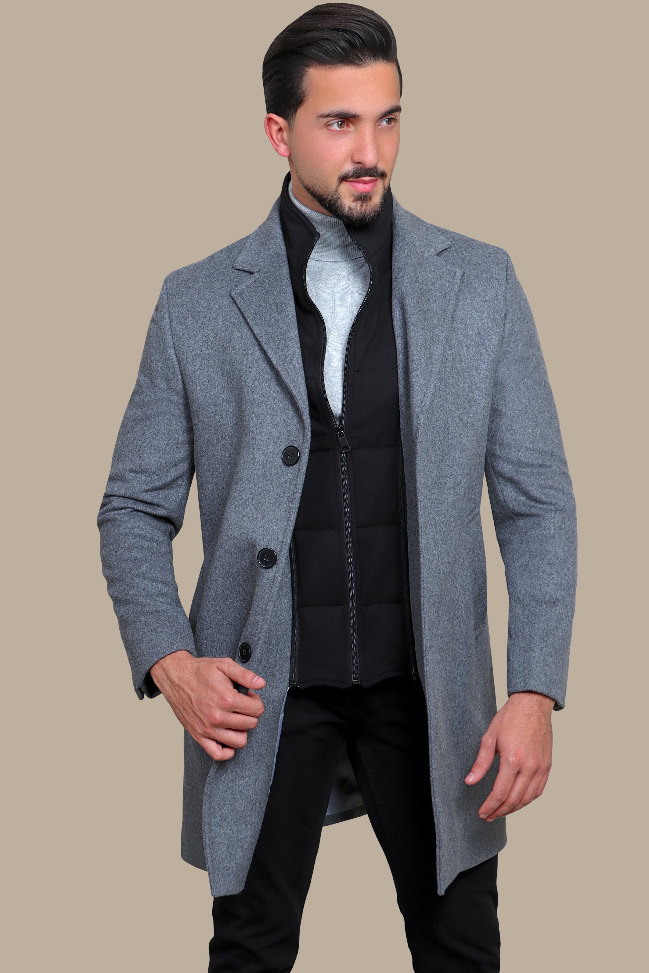 Grey Herringbone Coat with Detachable Collar