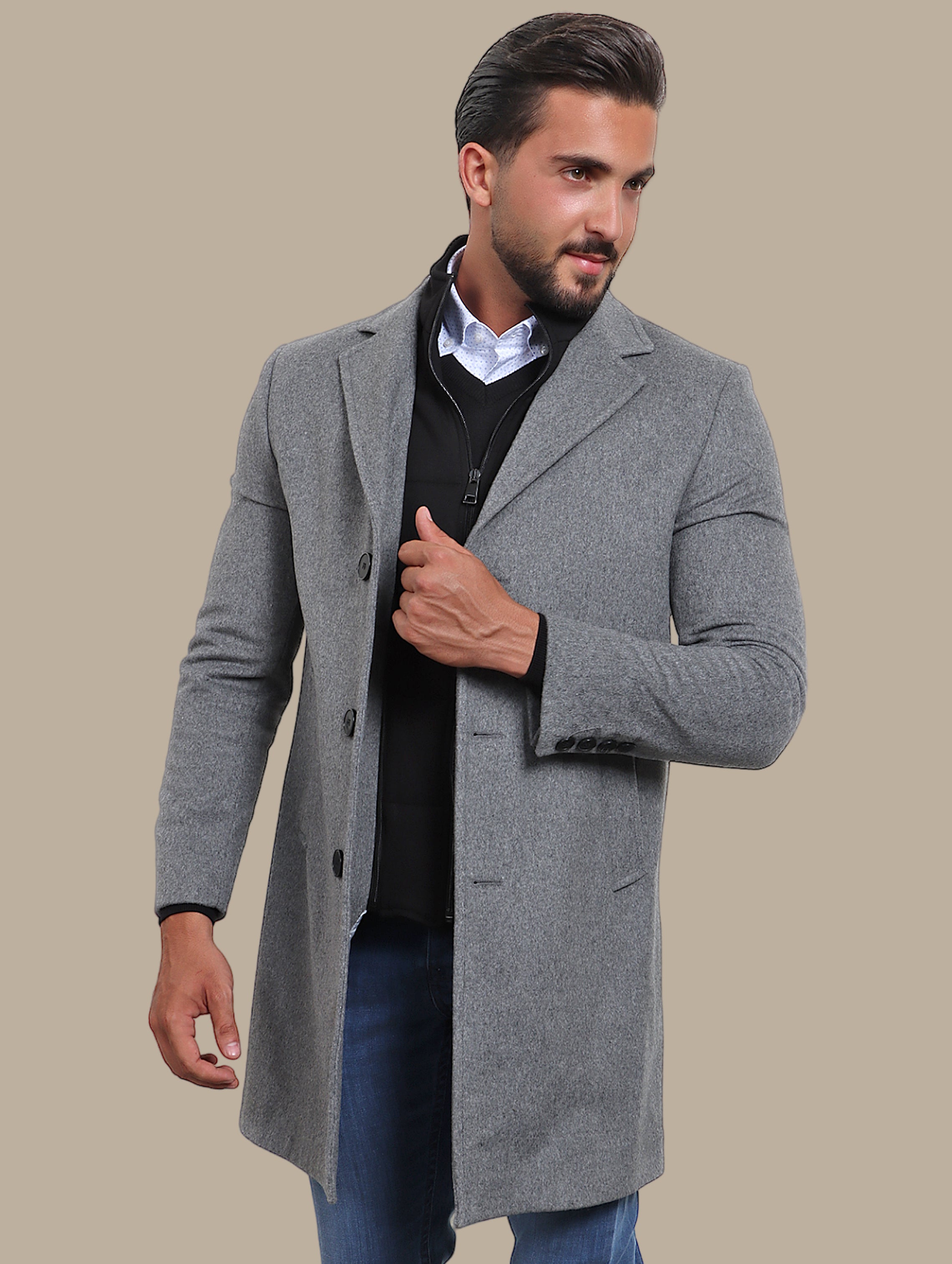 Grey Basic Coat with Detachable Collar