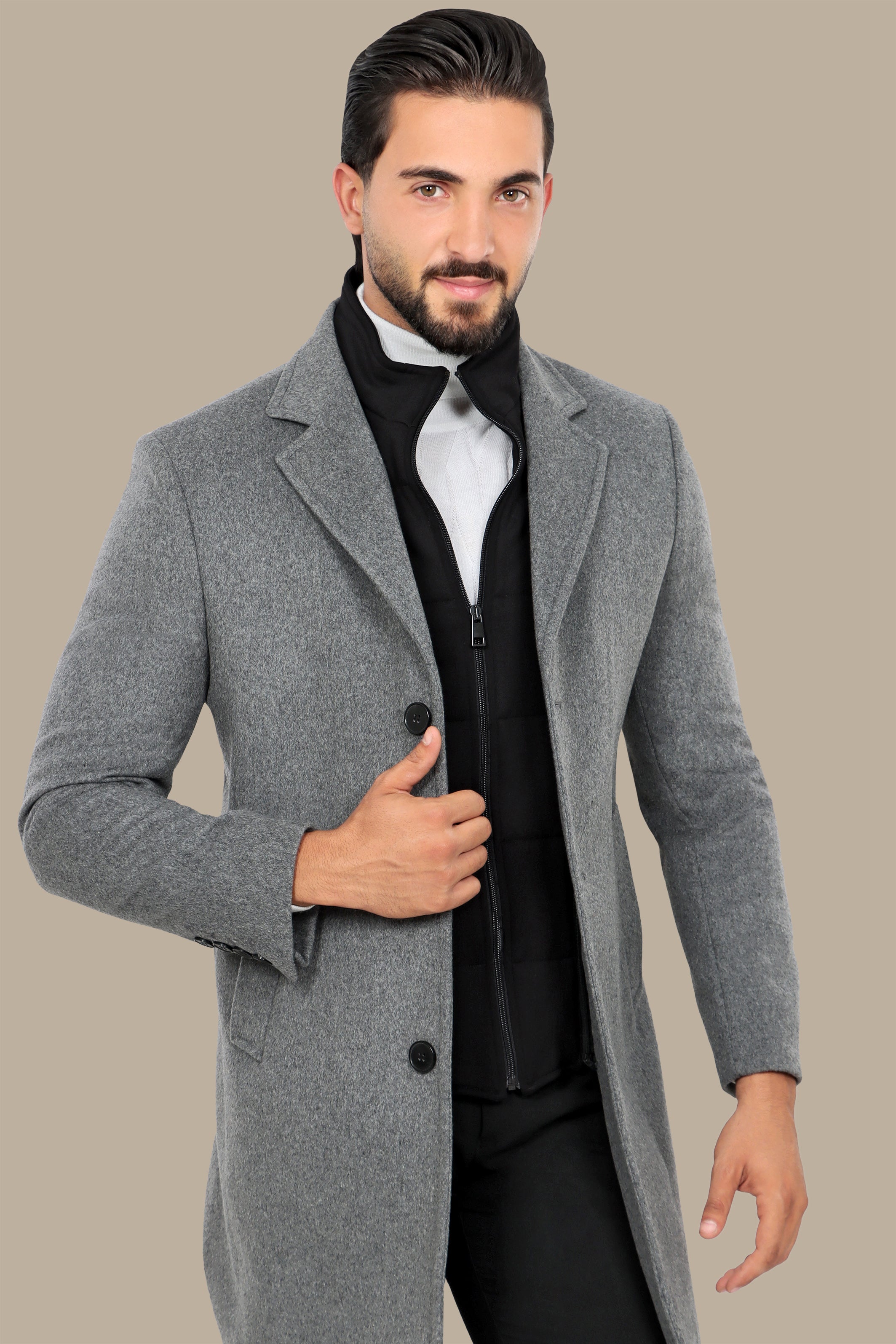 Grey Basic Coat with Detachable Collar