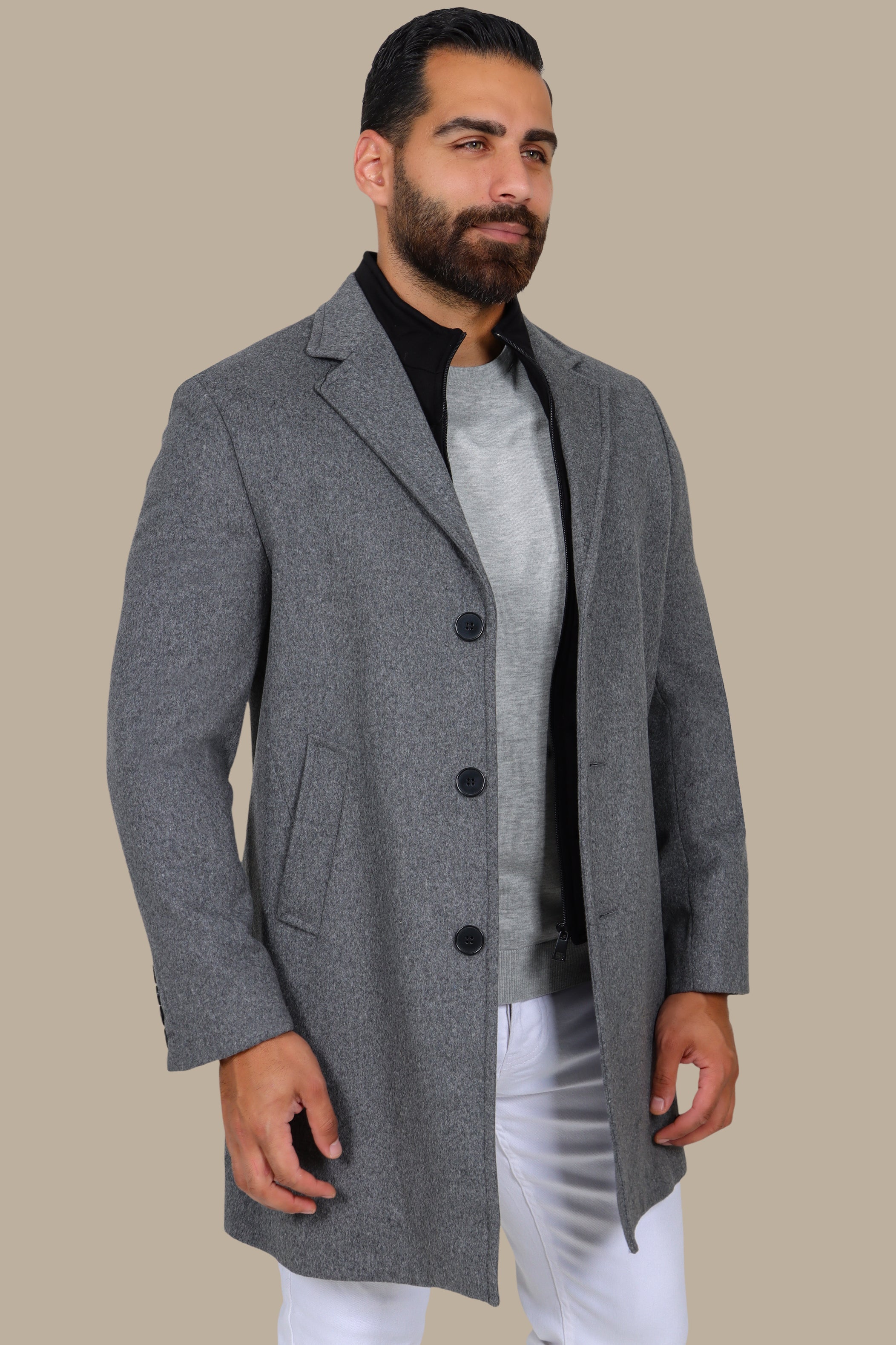Grey Basic Coat with Detachable Collar