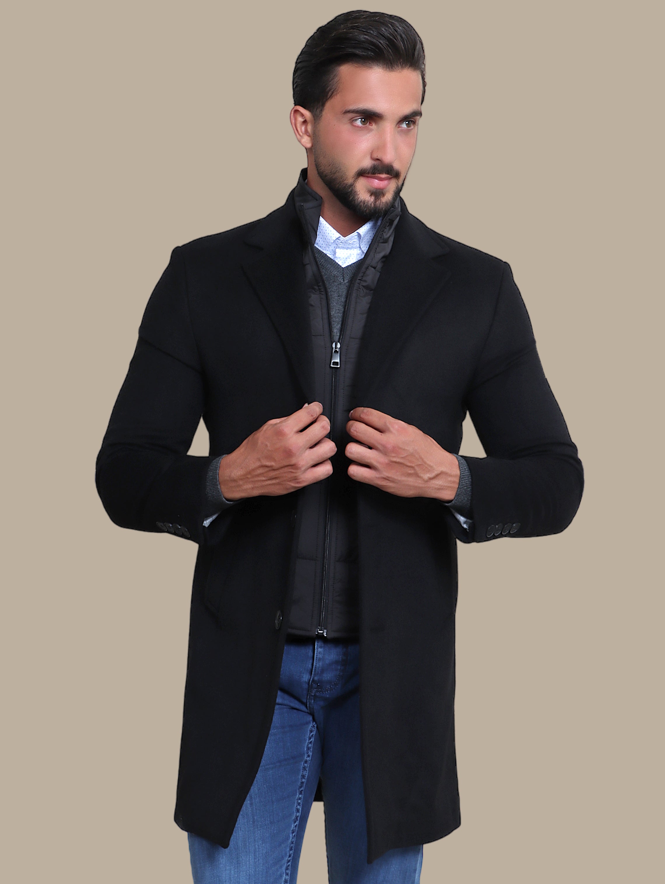 Black Basic Coat with Detachable Collar