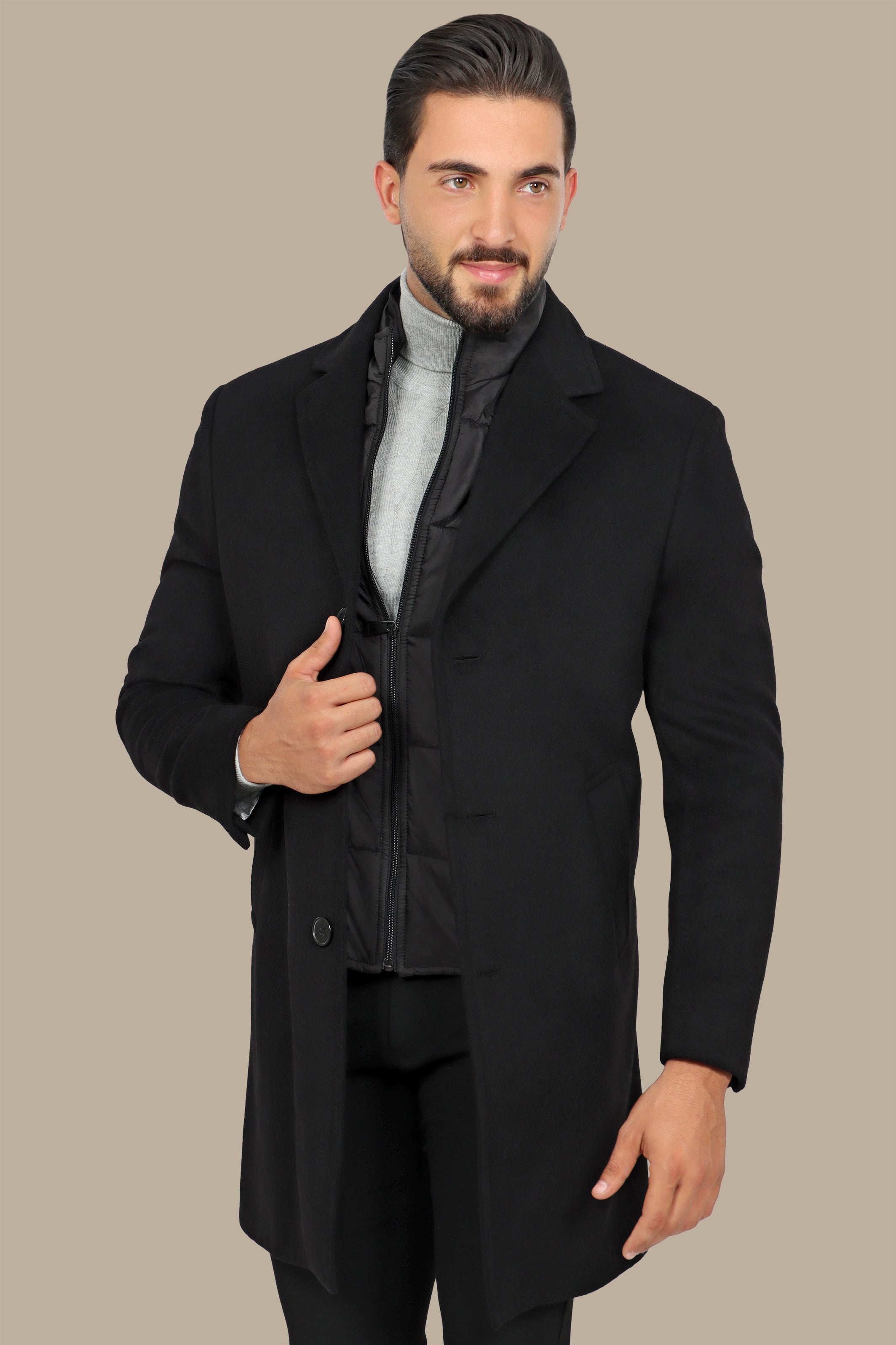 Black Basic Coat with Detachable Collar