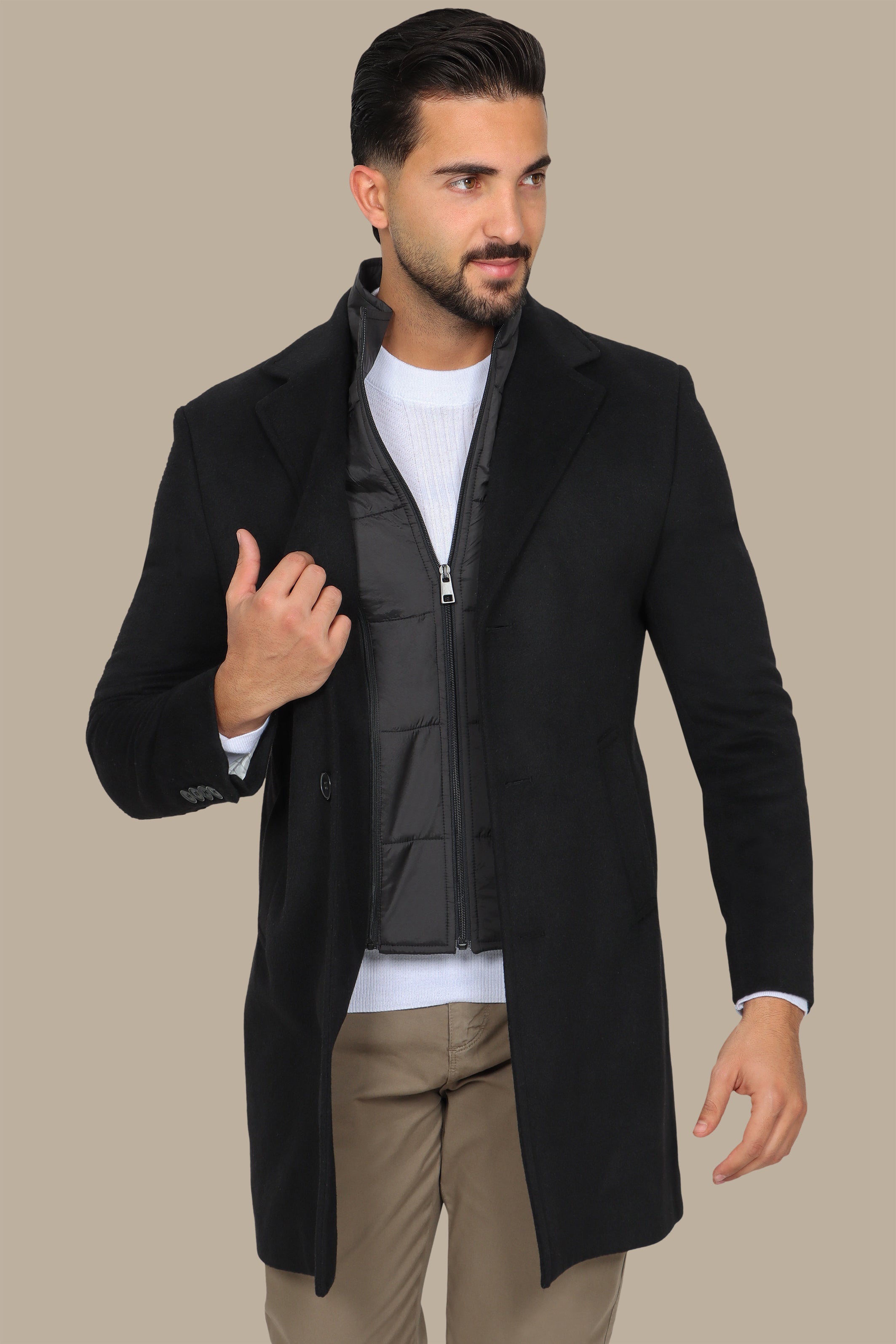 Black Basic Coat with Detachable Collar