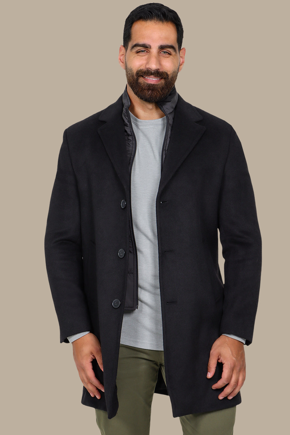 Black Basic Coat with Detachable Collar