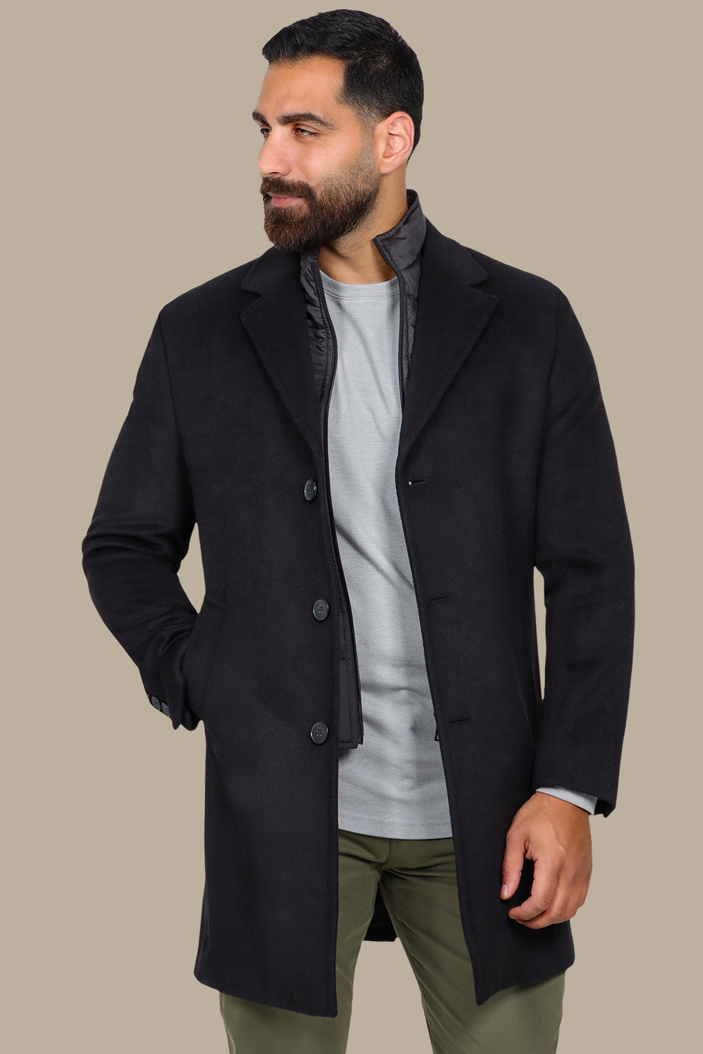 Black Basic Coat with Detachable Collar
