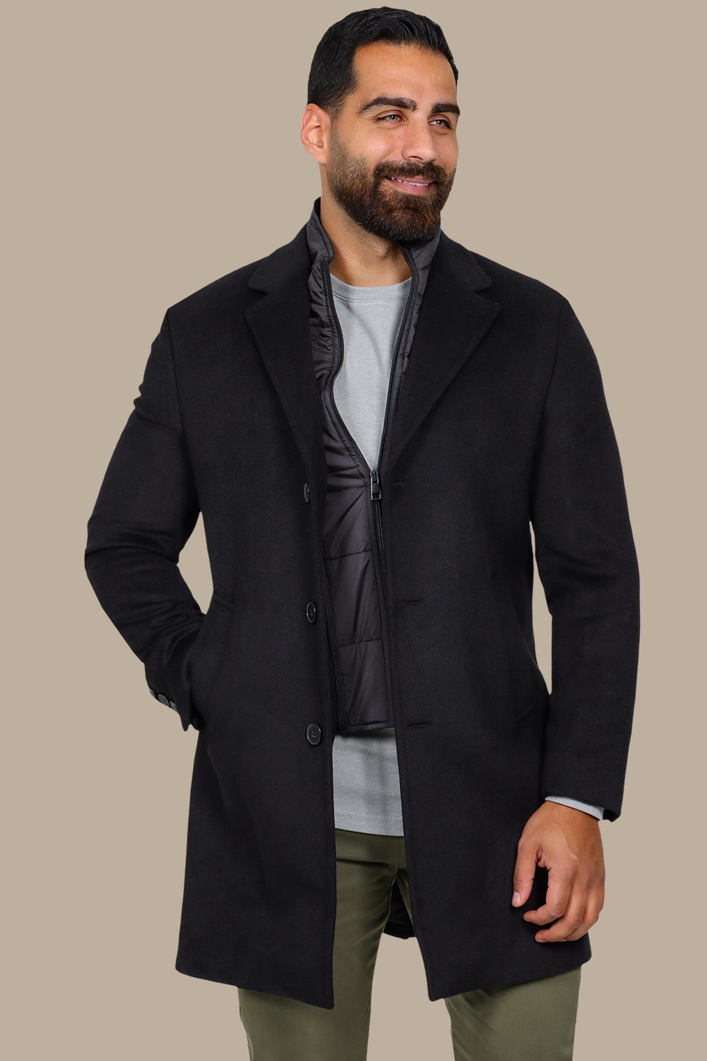 Black Basic Coat with Detachable Collar