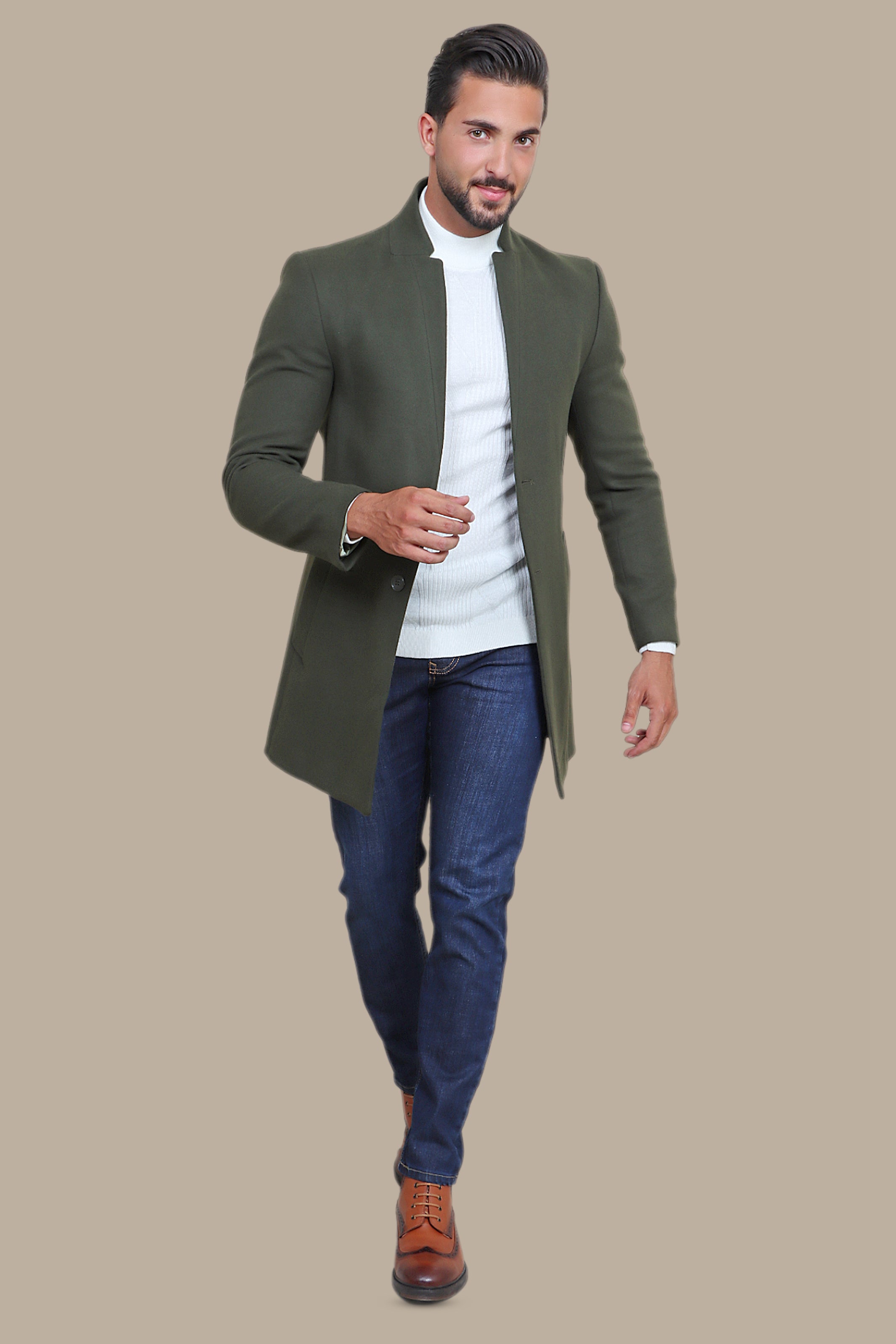 Khaki Classic: Embrace Timeless Style with the Coat Col Mao in Basic Khaki