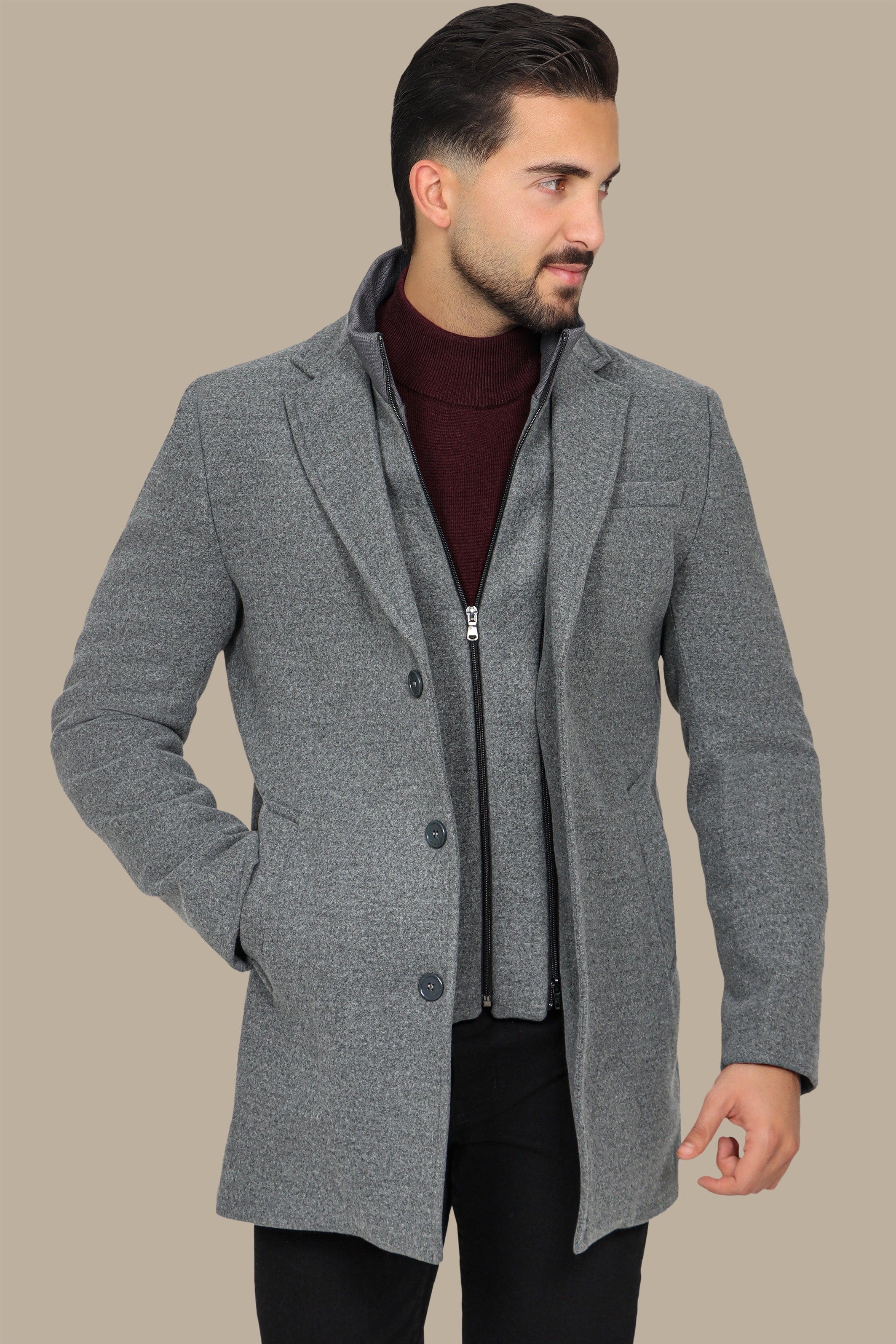 Light Gray Versatility: The Notch Detachable Coat in Classic Elegance