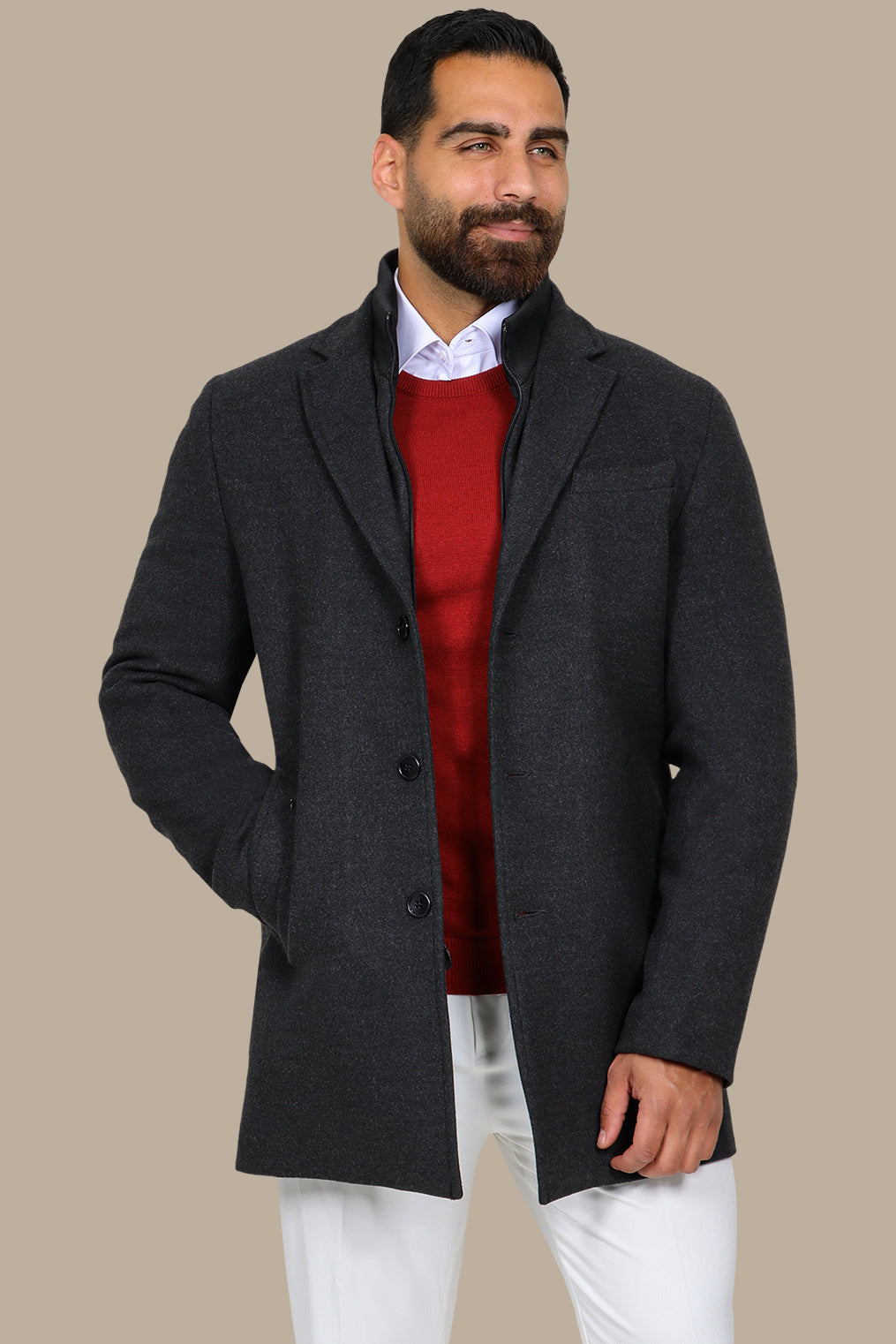 Versatile Chic: Dark Grey Notch Coat with Detachable Element
