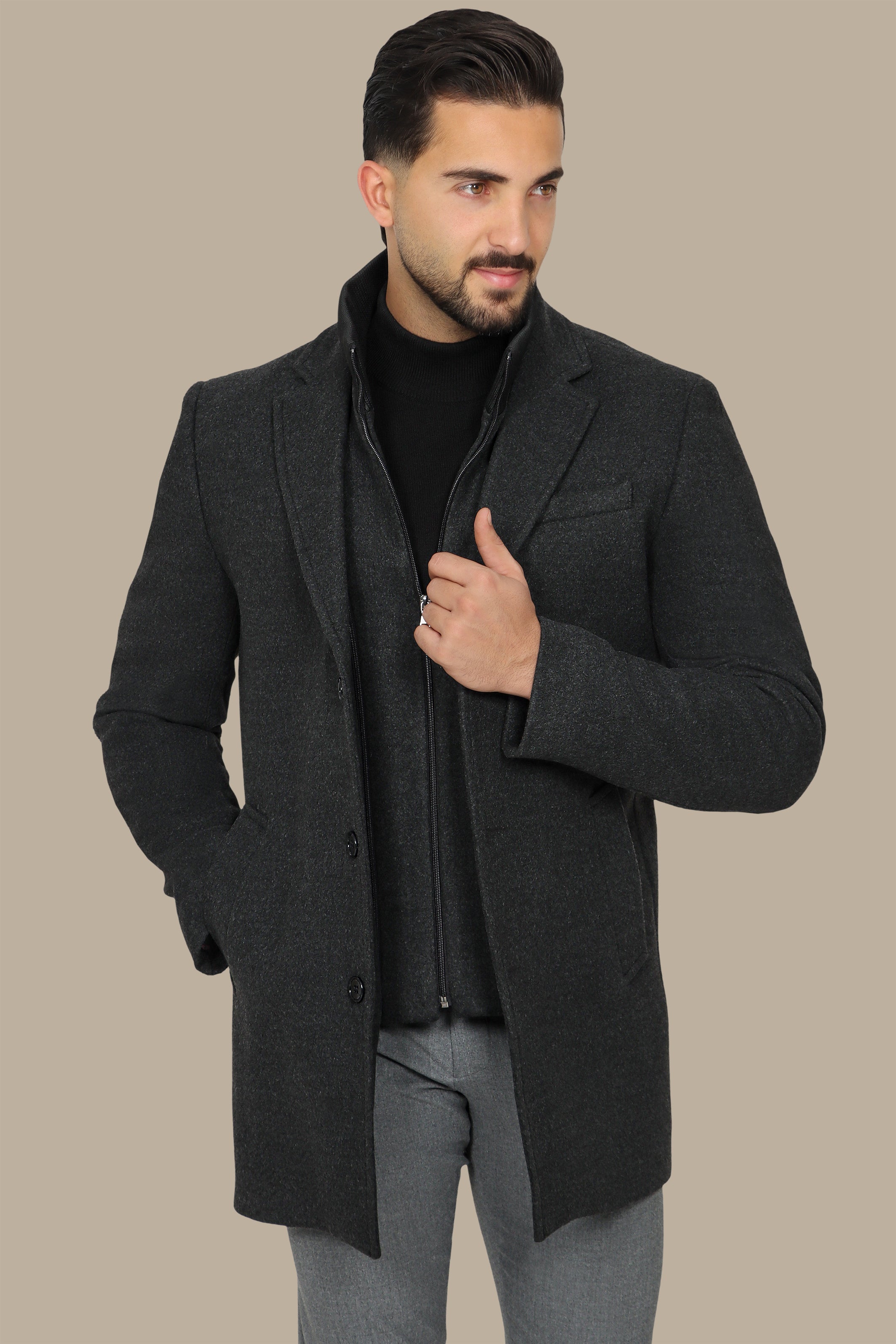 Versatile Chic: Dark Grey Notch Coat with Detachable Element