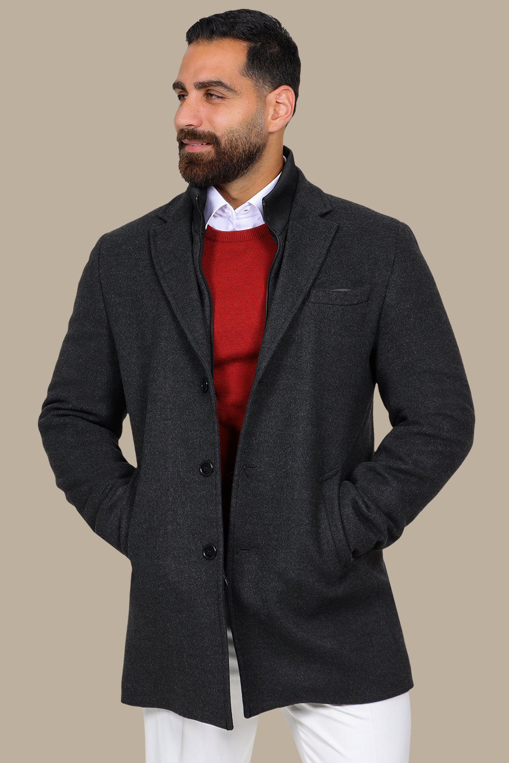 Versatile Chic: Dark Grey Notch Coat with Detachable Element