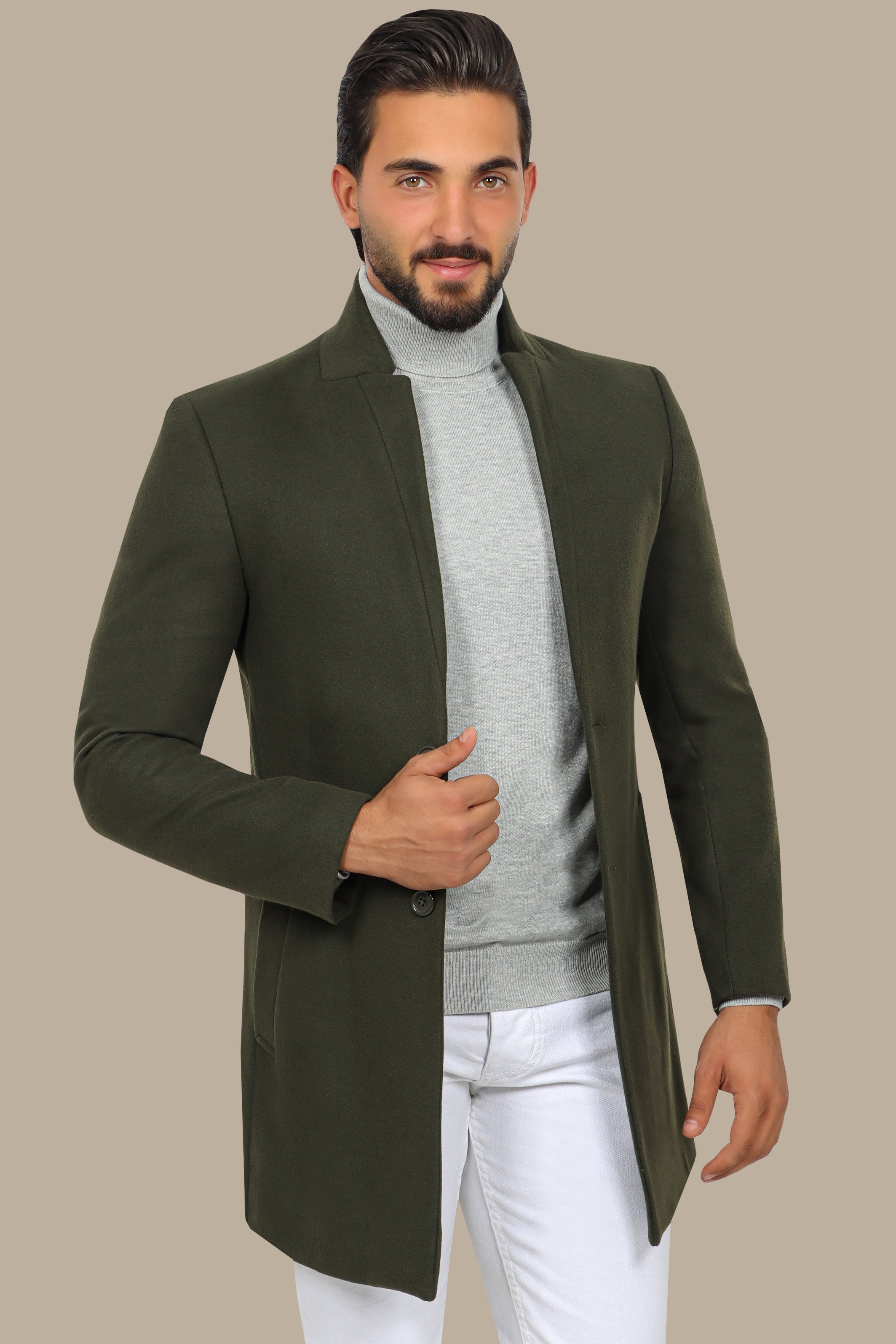 Khaki Classic: Embrace Timeless Style with the Coat Col Mao in Basic Khaki