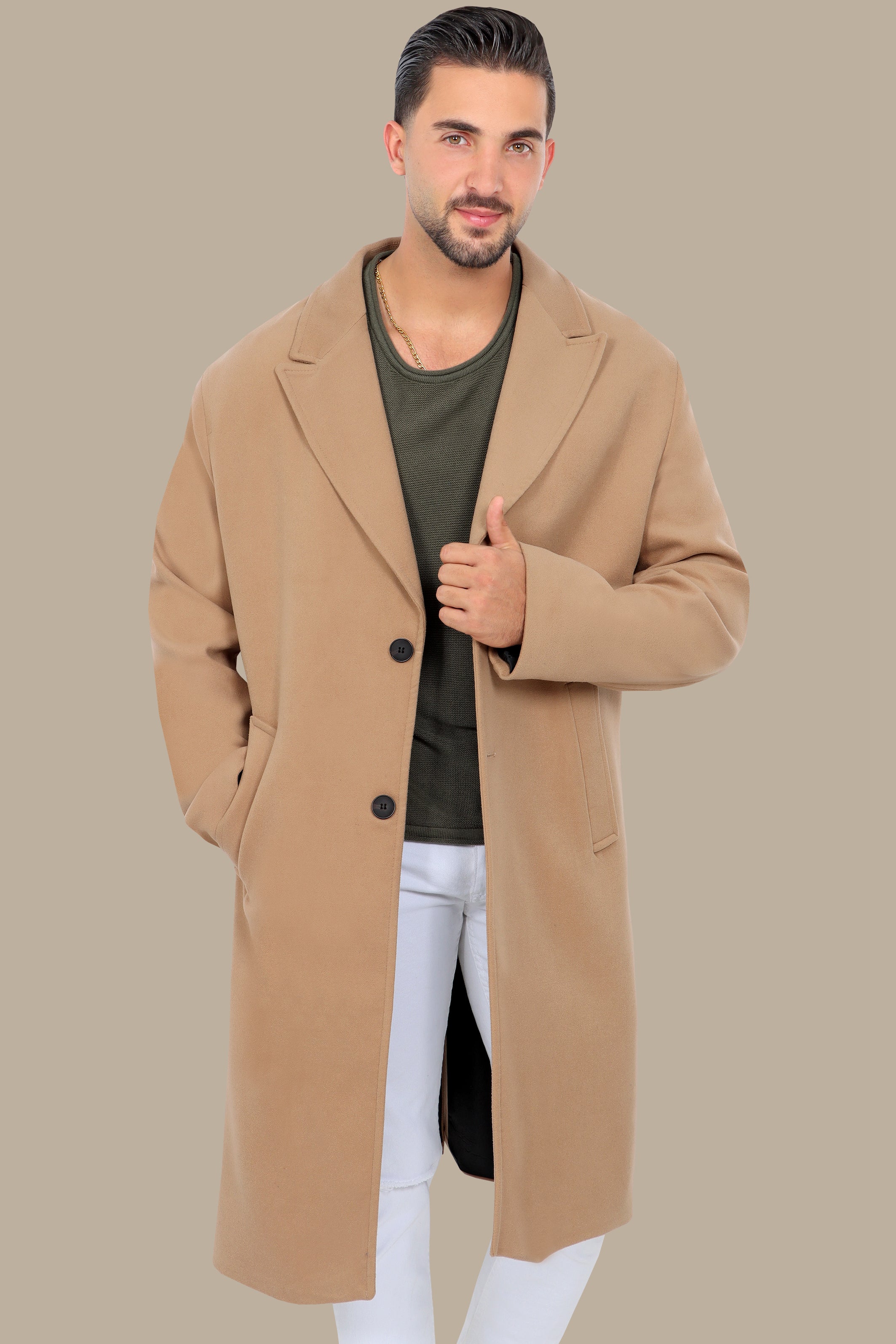 Oversized Beige Coat with Peak Lapels &nbsp;