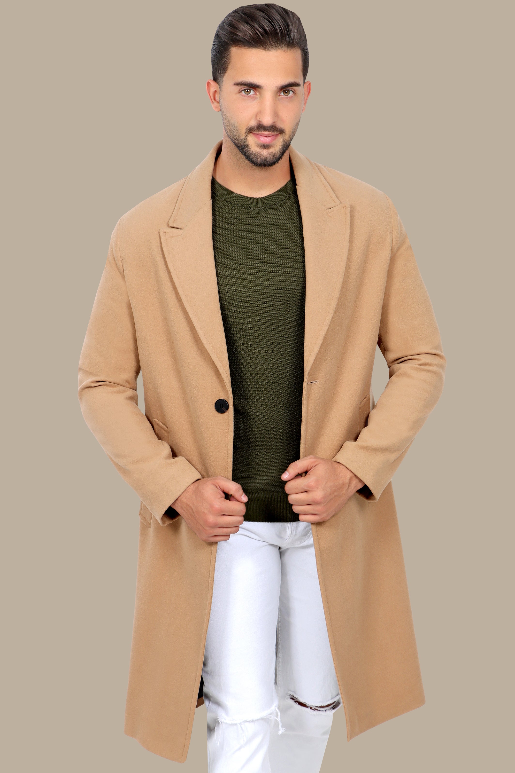 Oversized Beige Coat with Peak Lapels