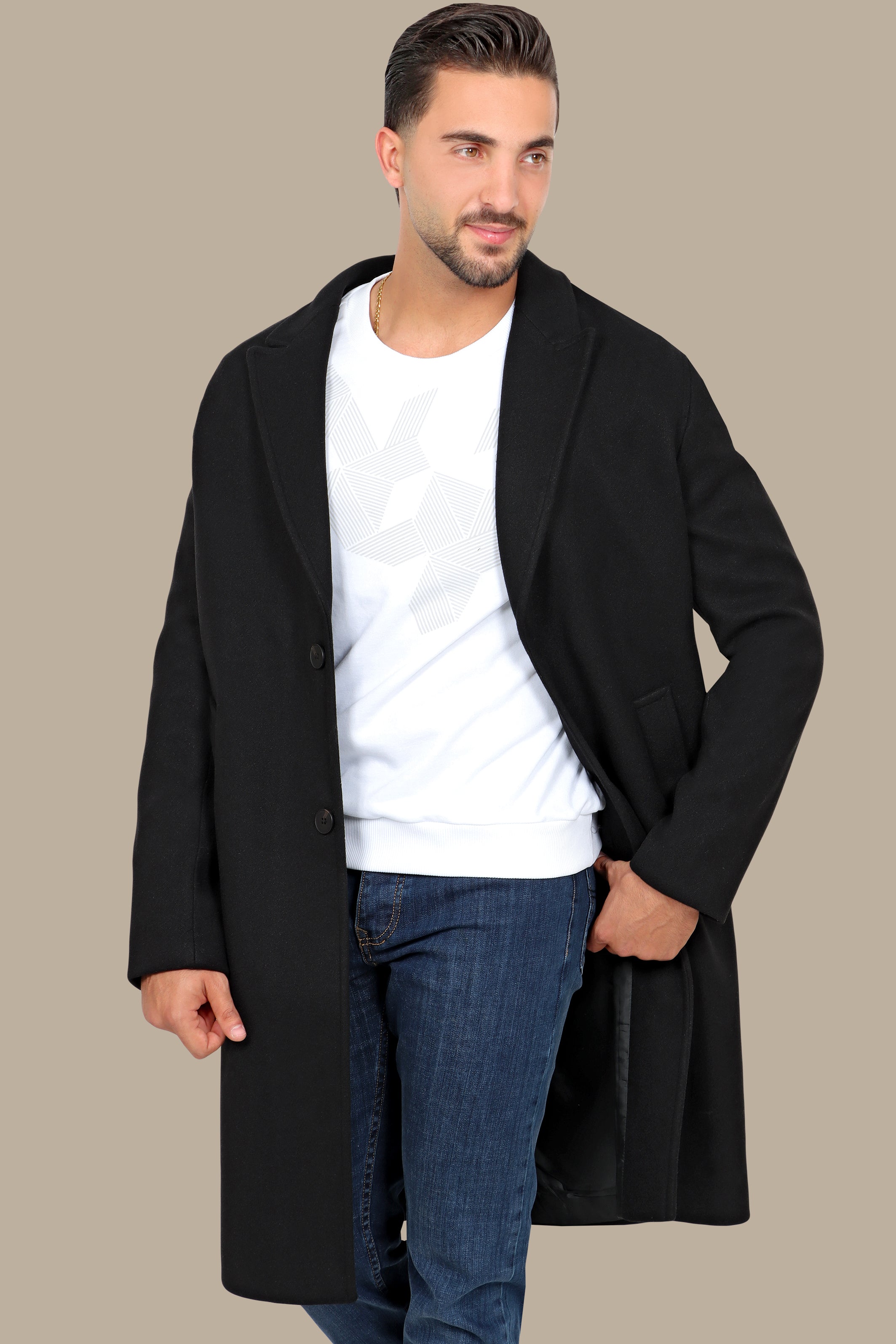 Oversized Black Coat with Peak Lapels