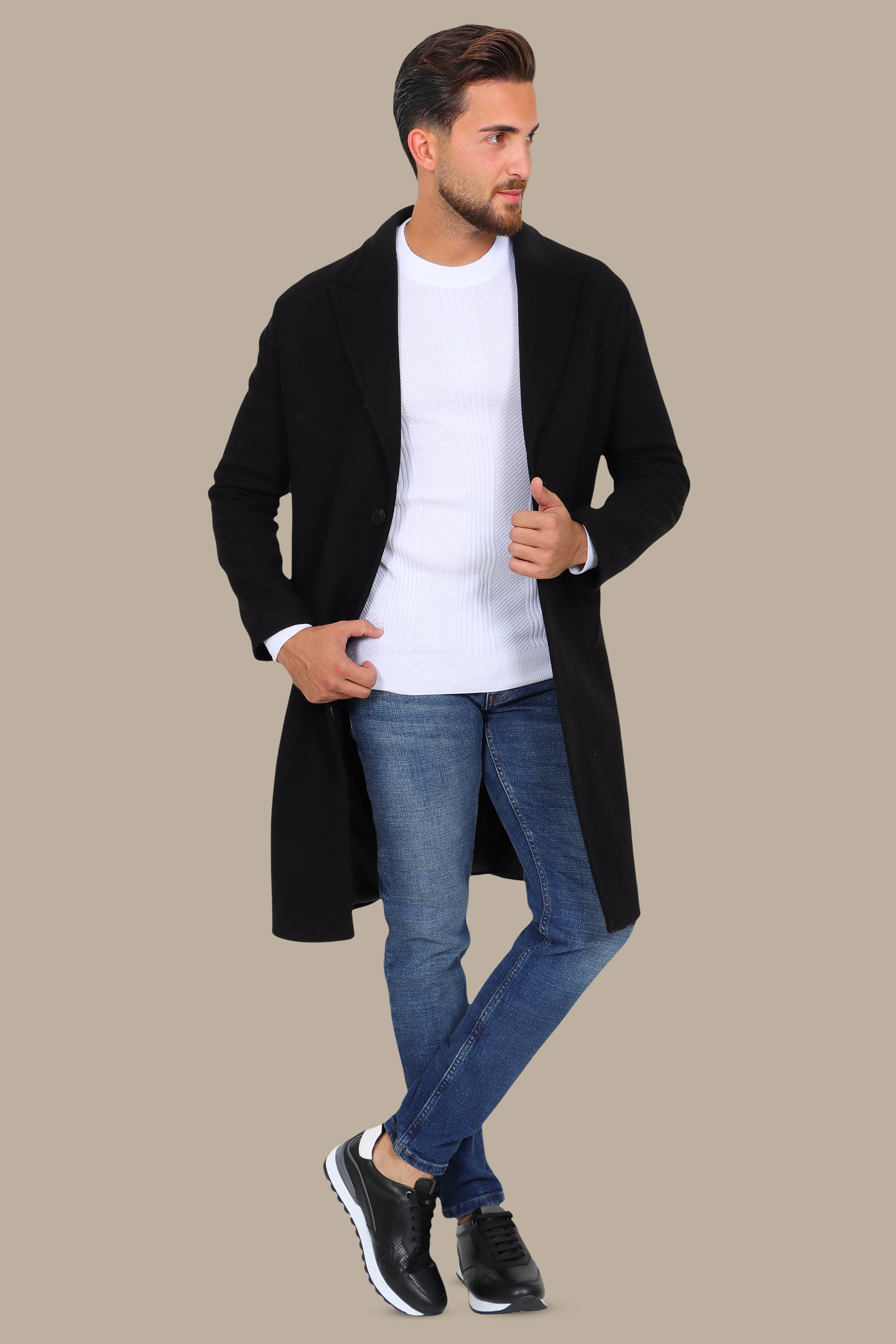Oversized Black Coat with Peak Lapels