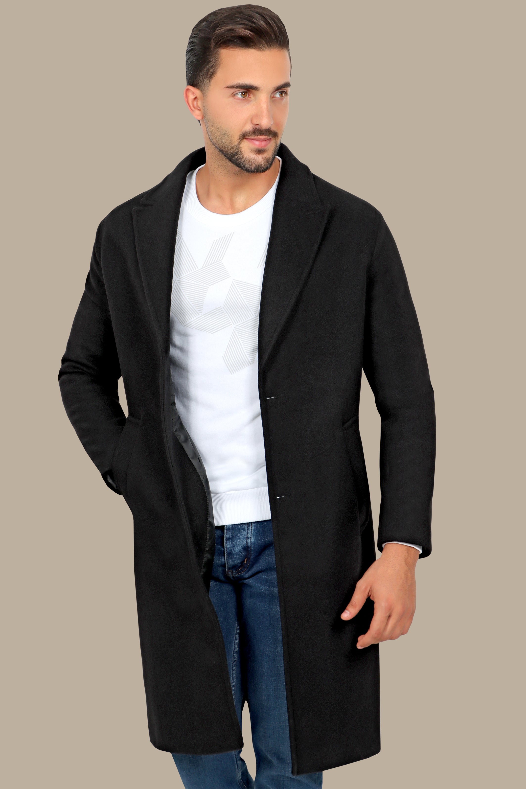 Oversized Black Coat with Peak Lapels