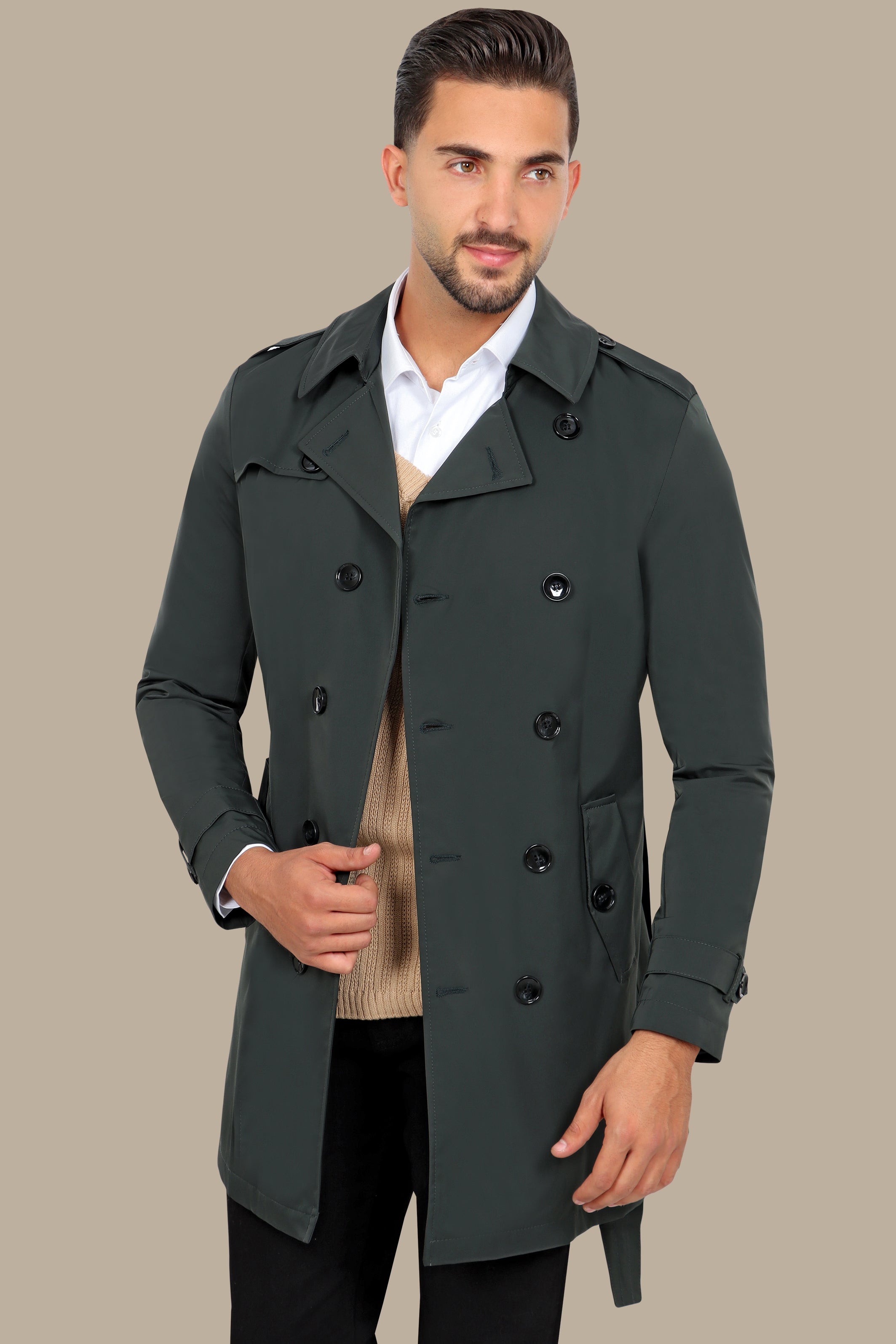 Classic Double-Breasted Green Trench Coat