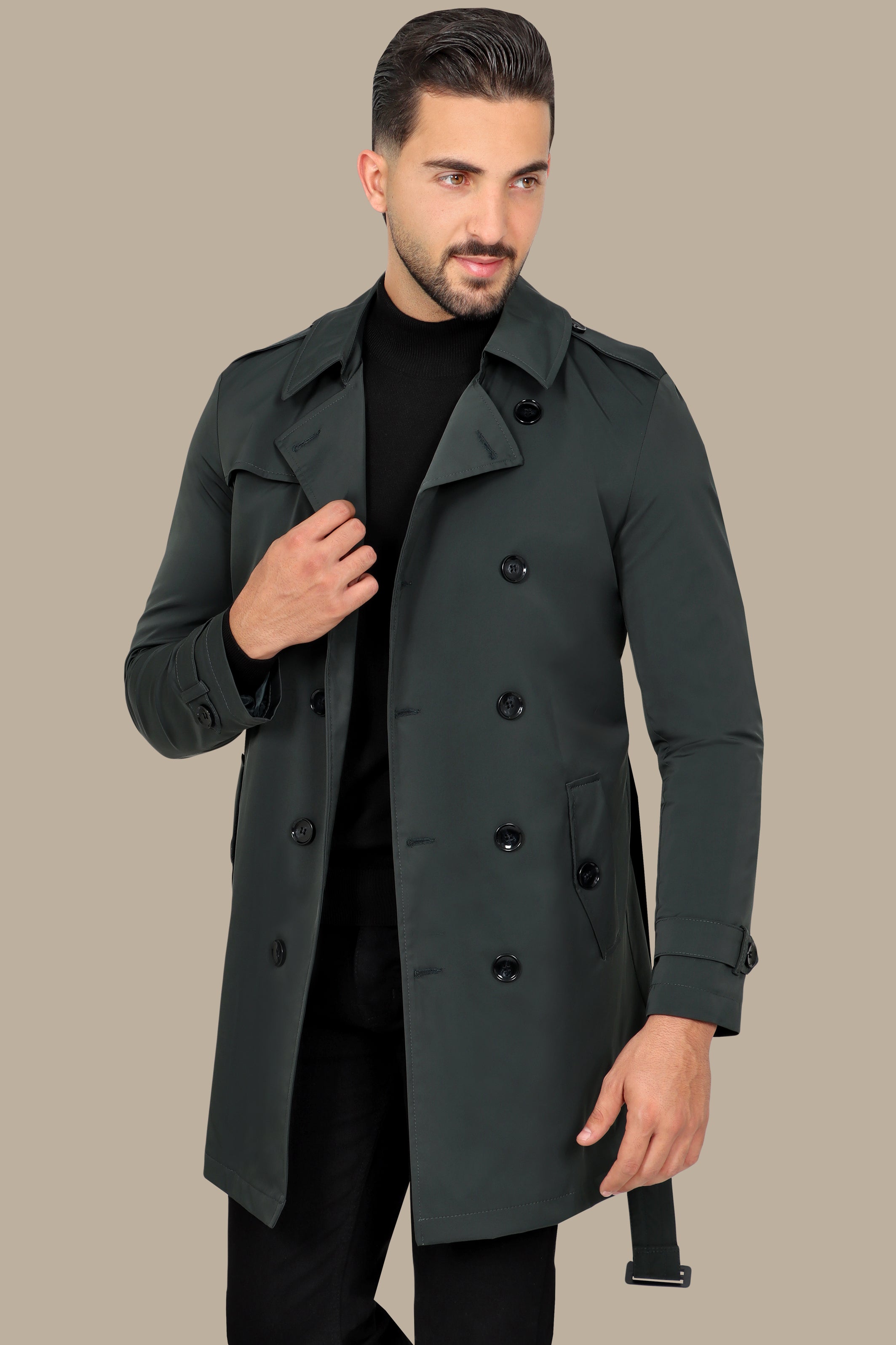 Classic Double-Breasted Green Trench Coat