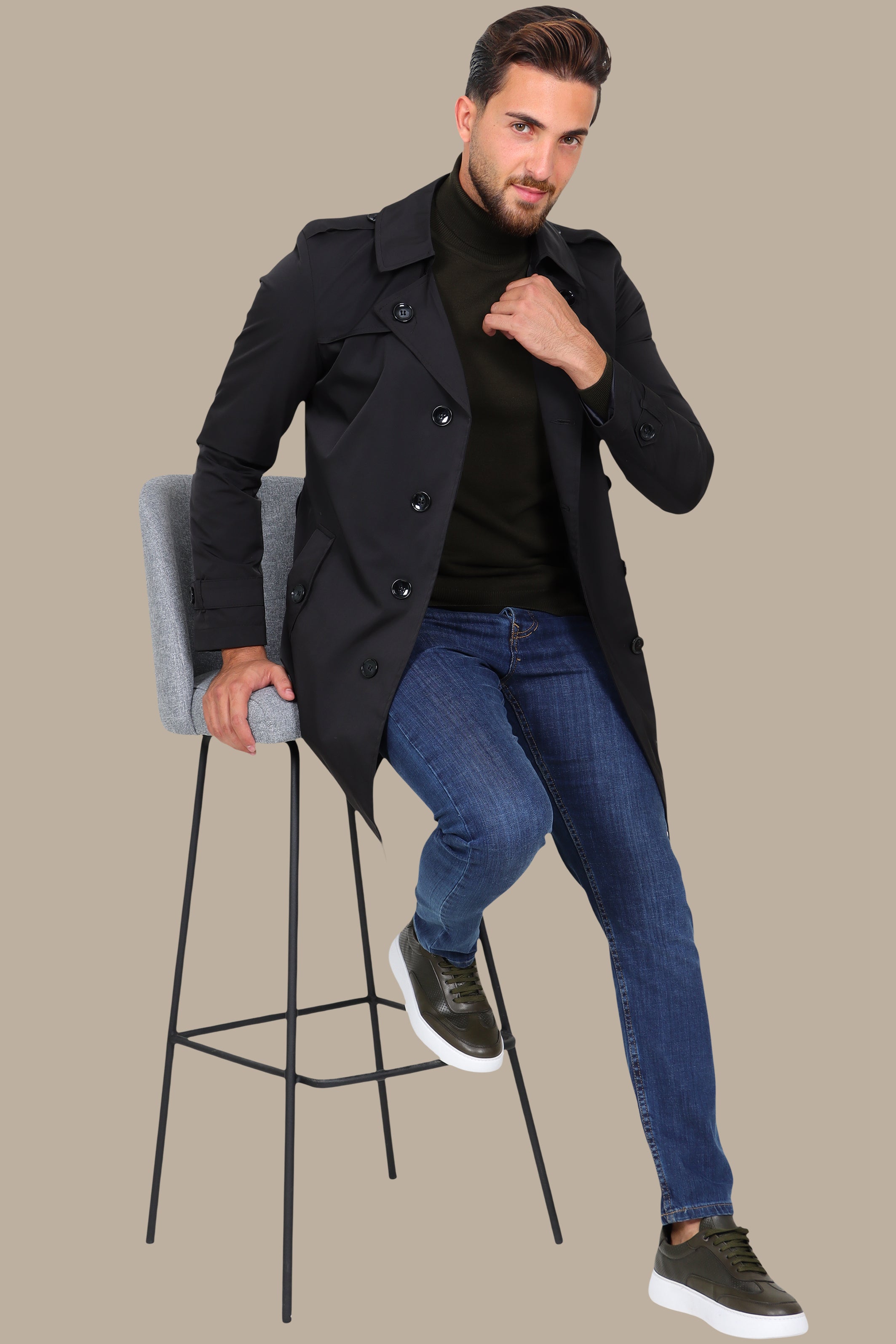 Classic Double-Breasted Black Trench Coat