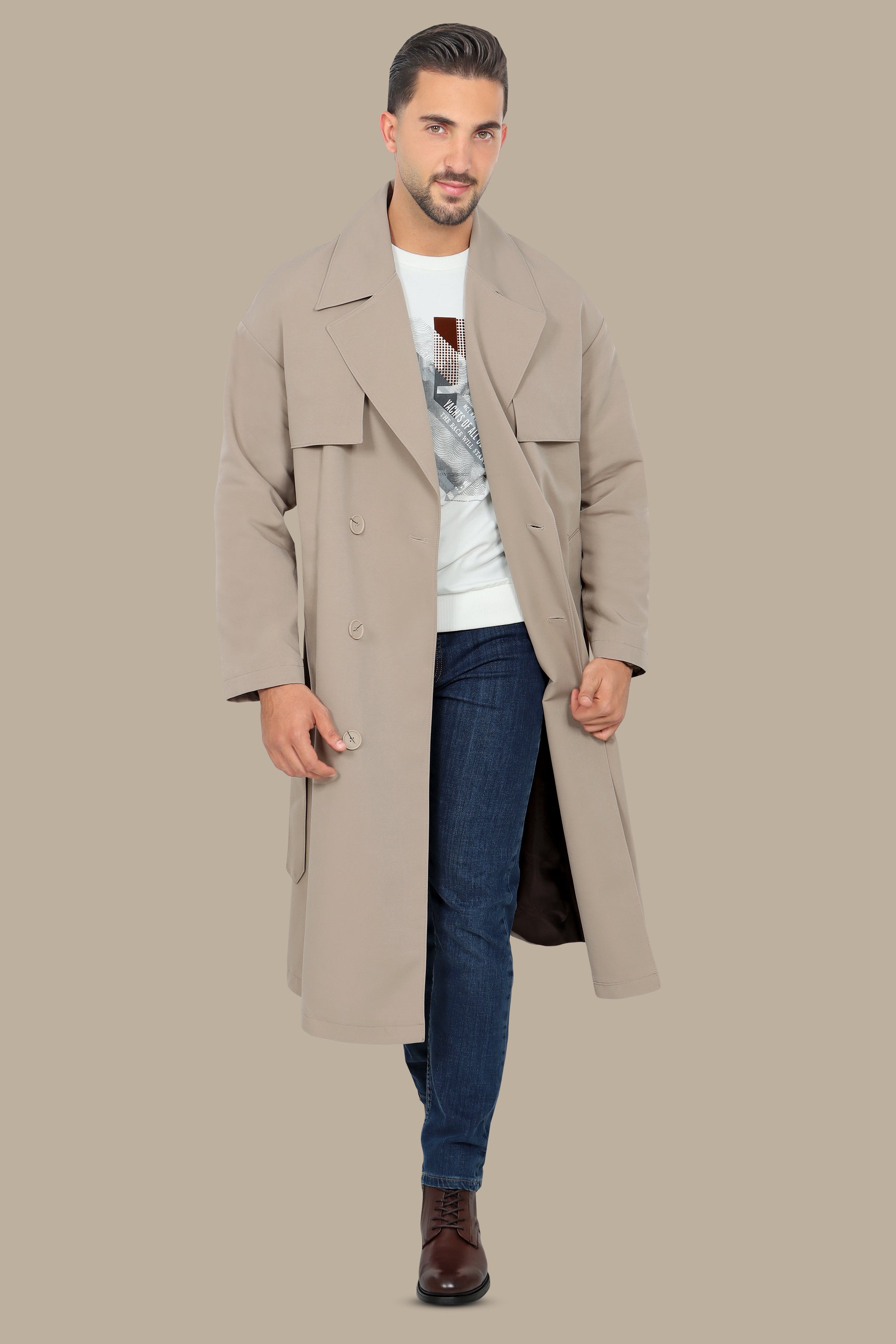 Oversized Double-Breasted Beige Long Trench Coat