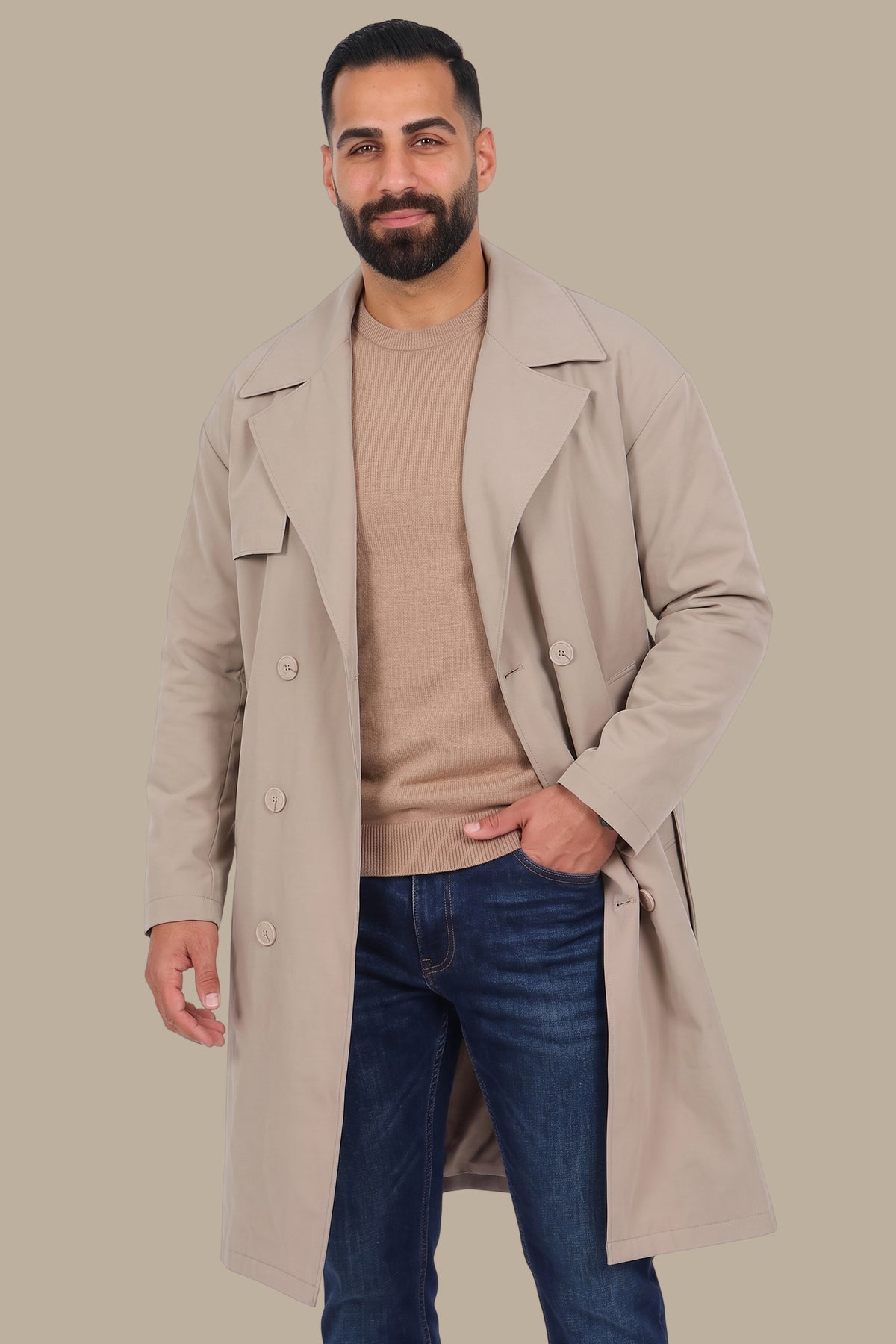 Oversized Double-Breasted Beige Long Trench Coat