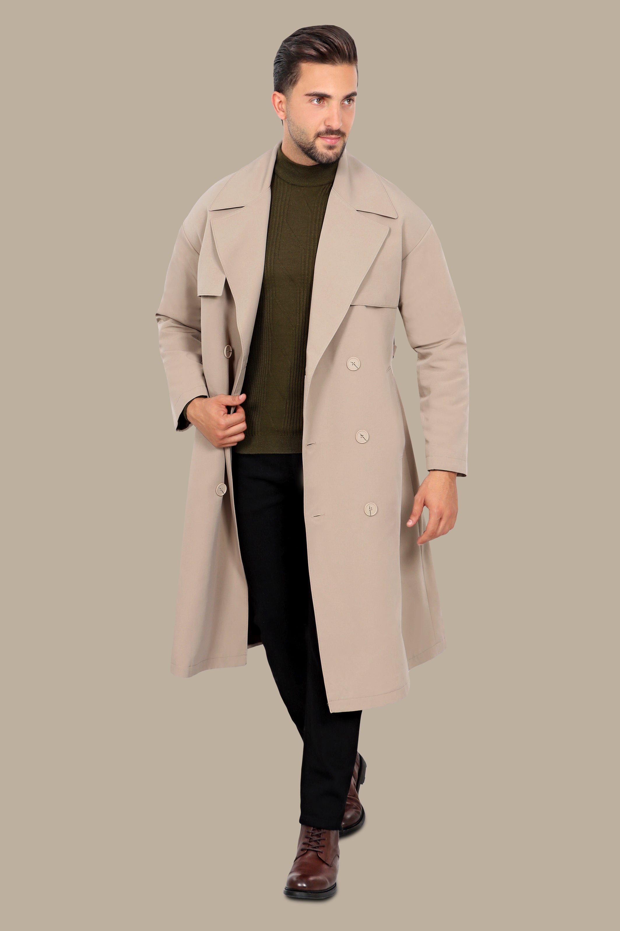 Oversized Double-Breasted Beige Long Trench Coat