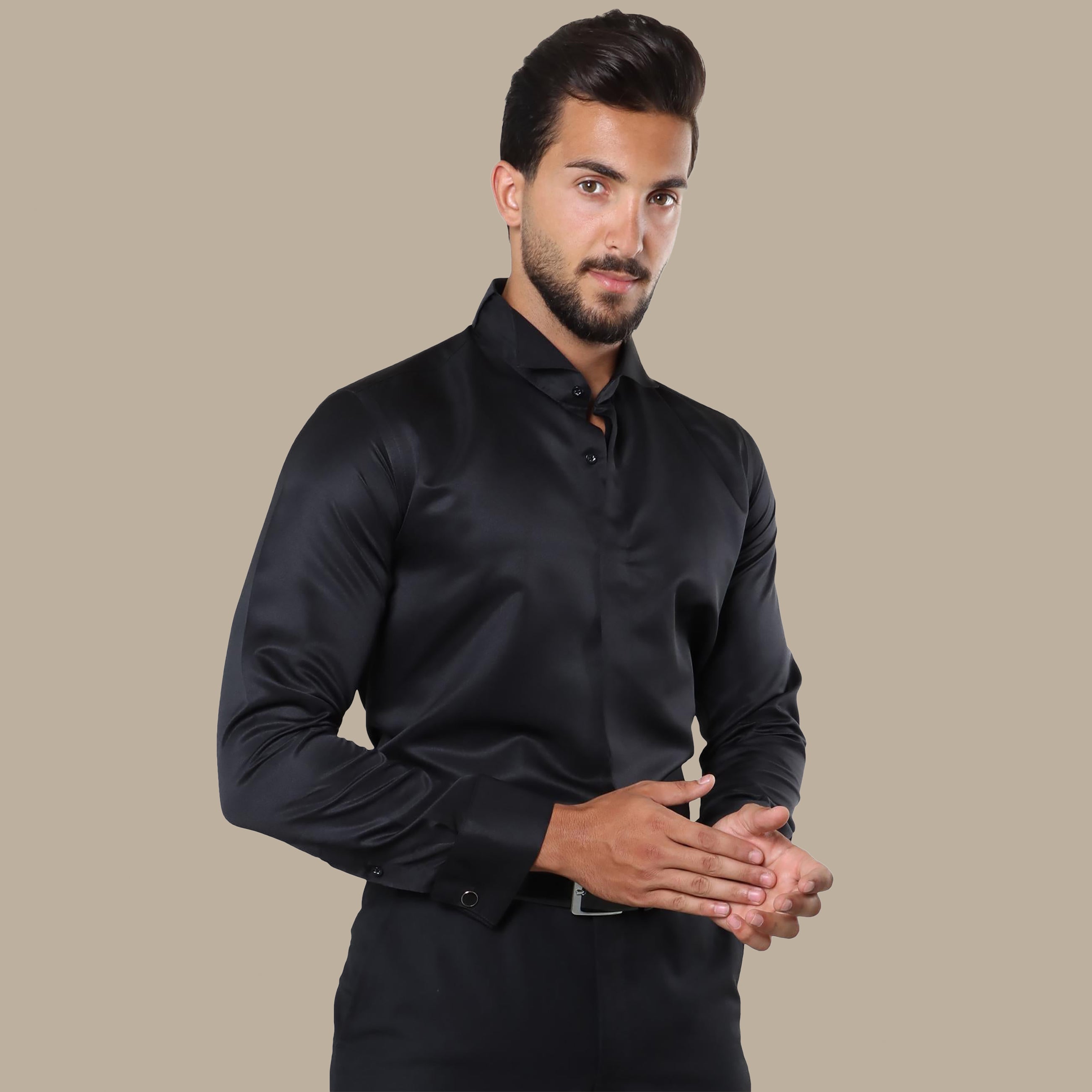 Black Tuxedo Shirt: Hidden Button Detail